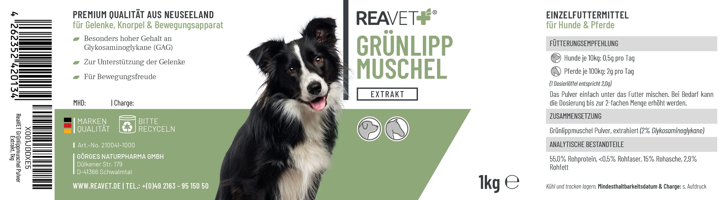 ReaVET Extrait de moule aux vertes orles en poudre 1 kg pour chiens et chevaux - Poudre de moule verte pour chien, hautement dosé après arthrose traitée, arthrite