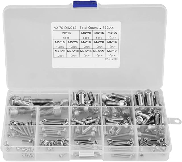 Hex Bolt Socket Head Assortment Set,135Pcs Stainless Steel Allen Bolts, M2, M3, M4, M5, M6, M7, M8 Flat Head Socket Cap Screws With Storage Box For DIY Bike Motorcycles