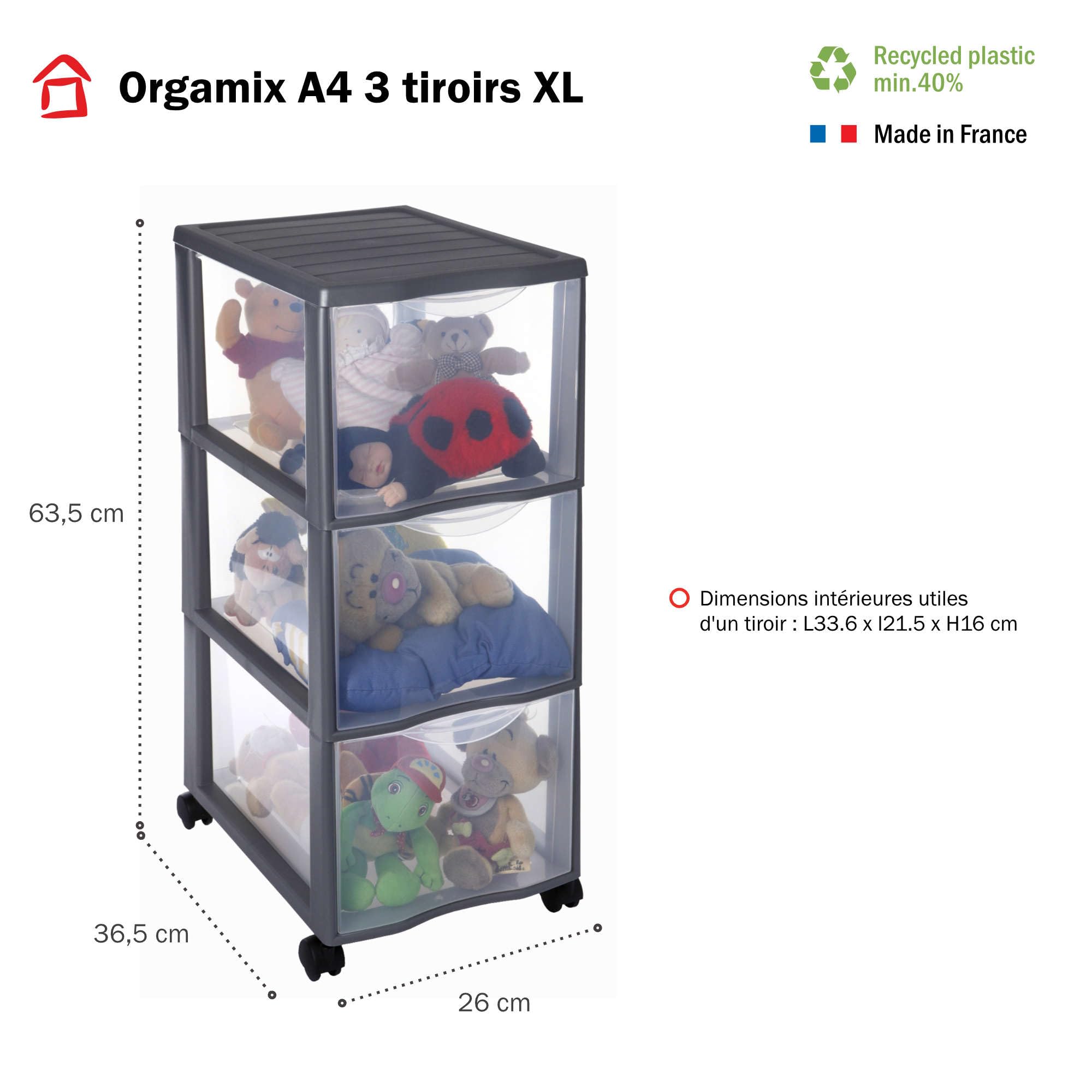 SUNDIS Orgamix, tour de rangement plastique, 3 tiroirs transparents, roues | Format papier A4, hauteur 63,5 cm, idéale rangement bureau, cours, documents, fournitures, accessoires