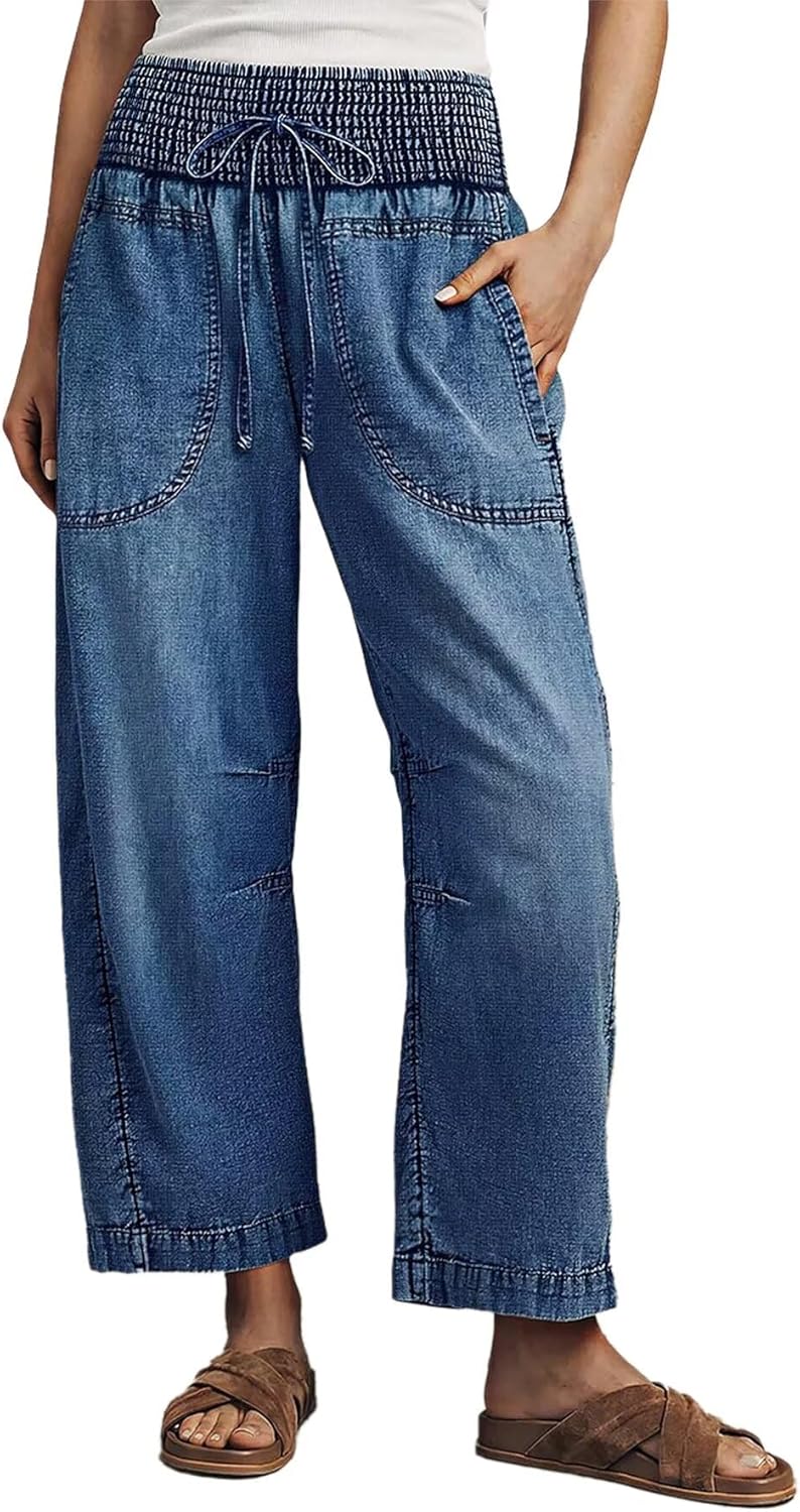 Flamingals Cropped Barrel Jeans for Women High Waisted Wide Leg Baggy Stretch Trendy Denim Ankle Pants