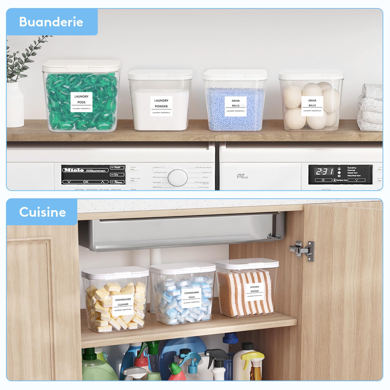 Lifewit Rangement Lessive Liquide en Capsules avec étiquettes et Cuillères, Récipient pour Poudre à Lessive avec Couvercle à Pression, Boîtes et Flacons de Salle de Bain, 2700 ml ×3+4500 ml, 4 Pièces
