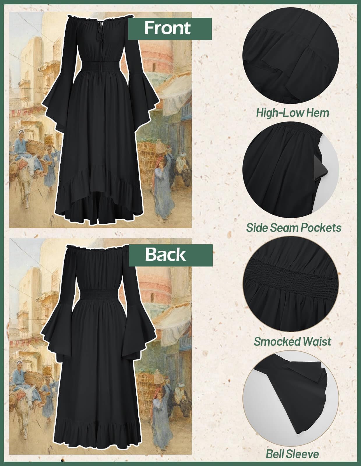 SCARLET DARKNESS Damen Renaissance Maxikleid Gesmokte Taille High Low Design Mittelalter Kleid