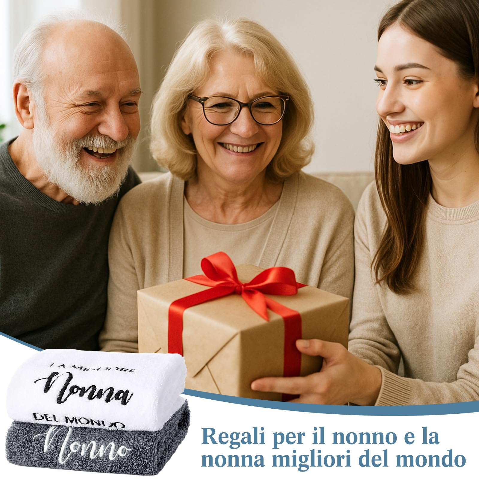 Photect Set Regali per Nonni Asciugamani con Ricamo 35 x 75 cm Regalo di Natale Compleanno Anniversario Festa Papà Mamma Asciugamano Festa del Nonna Nonno (Nonni)