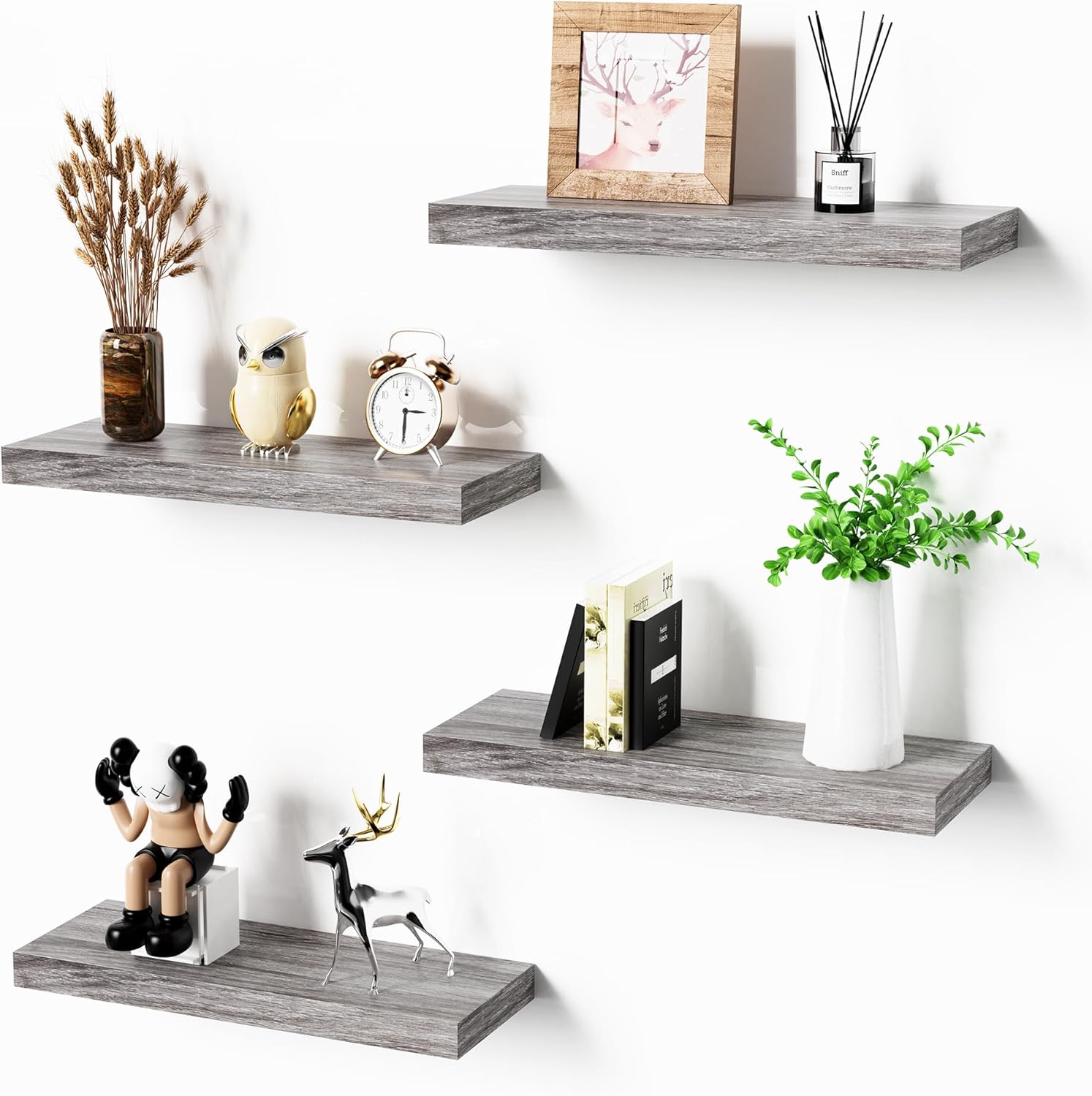 Bellsal Floating Shelves for Wall, Gray Engineered Wood Wall Shelf Set of 4, 16" Wall Mounted Floating Shelf for Kitchen, Living Room, Bedroom, Bathroom Storage, Book Shelf for Wall Home Decor 4 pcs: 15.7*6.7 Grey