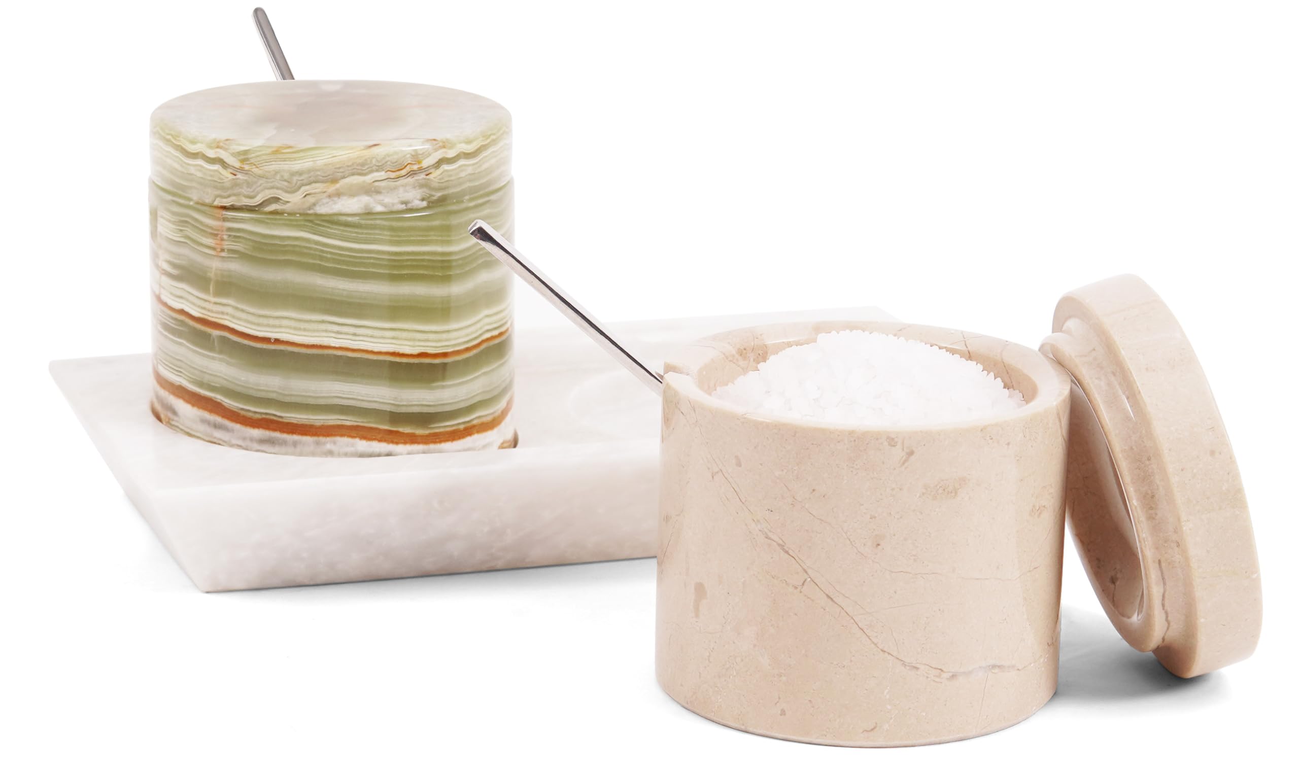 Radicaln Verona and Green Lot de 2 pots à sel en marbre avec couvercle et plateau de 7,6 cm faits à la main pour le rangement de la cuisine, sucrier de table et salière pour comptoir