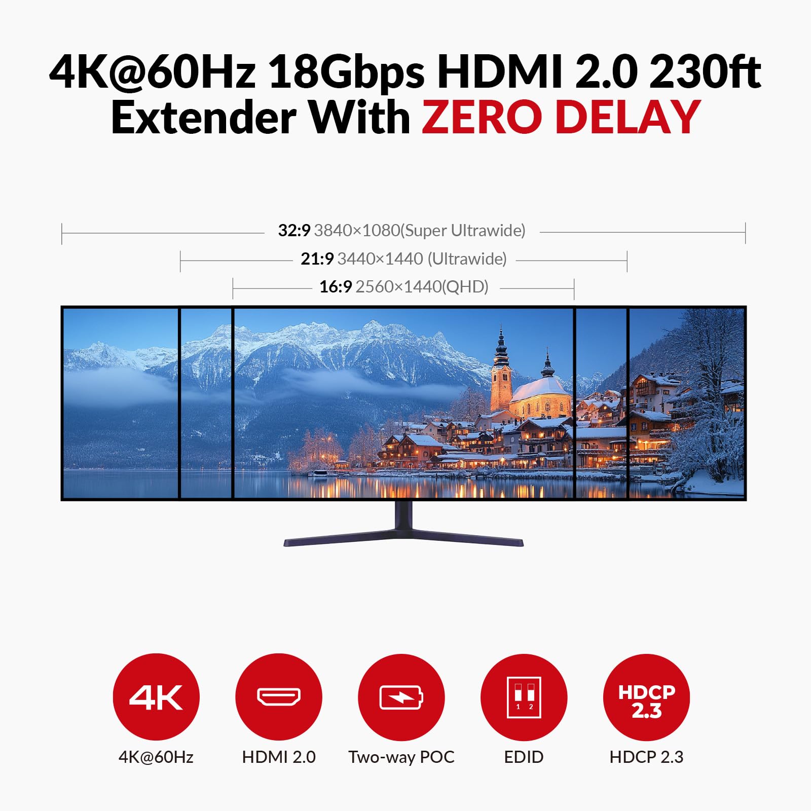 AV Access 4K@60Hz HDMI Over Ethernet Extender Over Cat6/7 Upto 230ft with Loop Out, Supports 4K 4:4:4, HDR10, HDCP 2.3, Doby Atmos, DTS:X, Bi-Directional IR, PoC, EDID & ARC Switch (4KEX70L-H2)