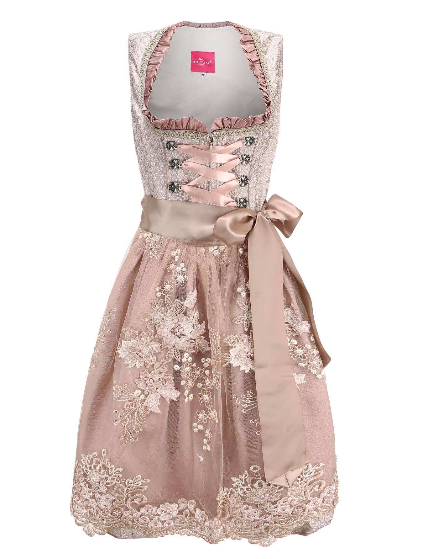 ELFIN Damen Midi Dirndl Elegante Trachtenkleid für Oktoberfest inkl. Spitzen Dirndlschürze Gr. 34-44