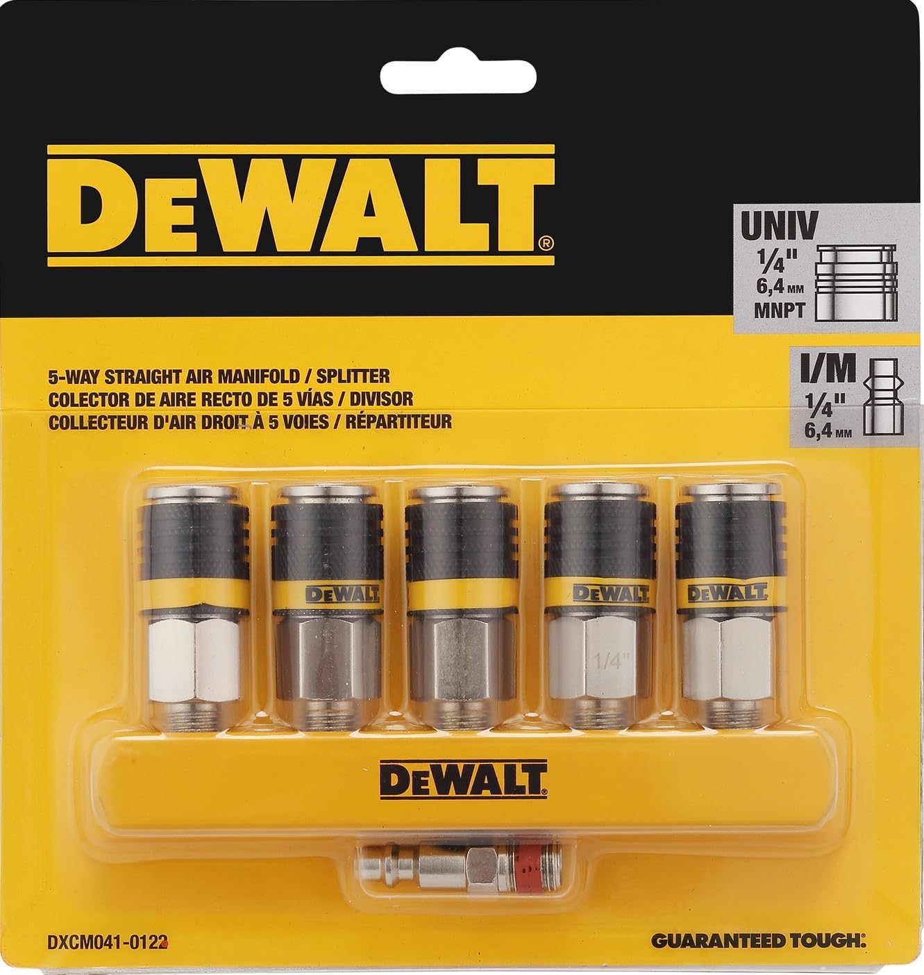 DEWALT 5-Way Straight Air Manifold and 5-Port Pneumatic Splitter with Universal Couplers and Industrial Plug: 300 Max PSI, 40 SCFM Airflow