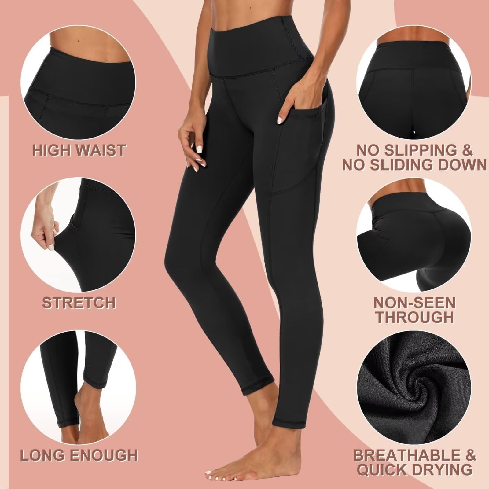 CAMPSNAIL Leggings da donna UK con tasche a vita alta da donna neri sportivi elastici pantaloni da palestra corsa morbidi controllo della pancia pantaloni yoga allenamento escursionismo