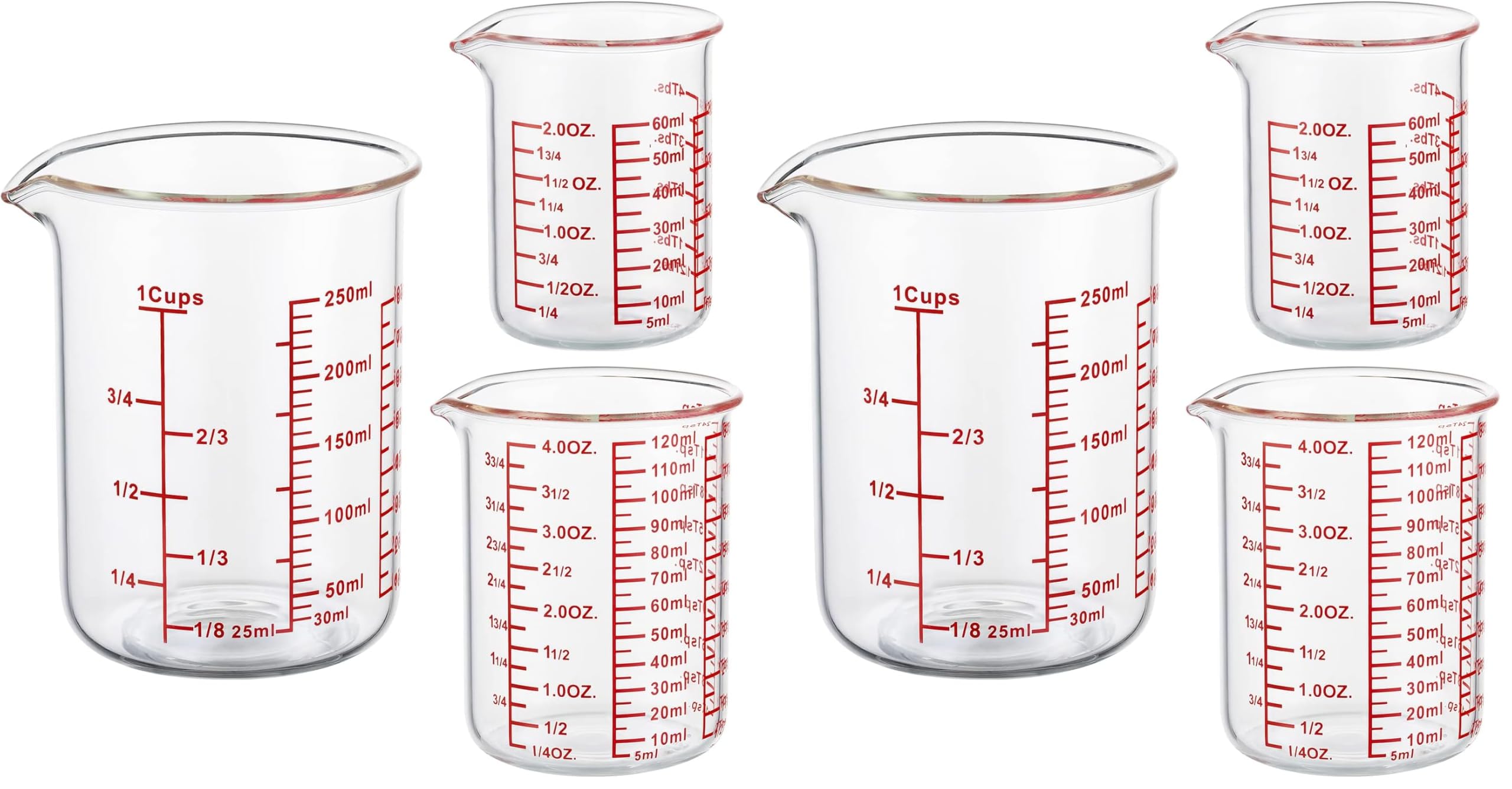 Ackers High Borosilicate Glass Measuring Cup Set with Pour Spout,60ml(2OZ),120ml(4OZ), 250ml(8OZ) Glass Measuring Beaker for Kitchen or Restaurant, Easy to Read (Pack of 2)