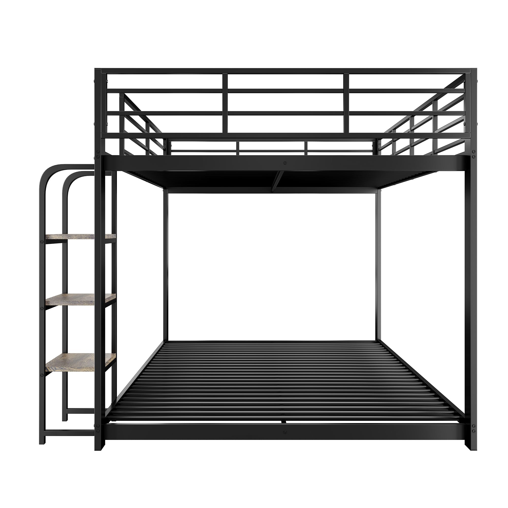 Letto a castello, 140 x 200 cm, con scaffale in legno, letto in metallo con protezione anticaduta, per bambini e ragazzi, letto familiare, letto da gioco, senza materasso, colore: nero, 140 x