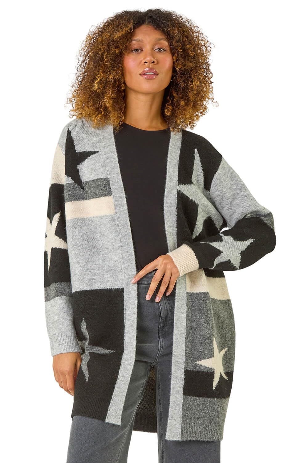 Roman Originals Women's Black Multi Cardigan - Longline Coatigan Tassel Open Front Cardi Winter Autumn Casual Textured Edge To Edge Yarn Patterned Comfy Work Going Out - Size 18
