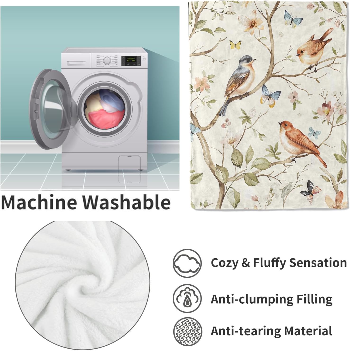 Birds and Butterflies Throw Blanket Gifts, Soft Cozy Fleece Blanket with Nature Floral Print, Blanket for Couch Bed Sofa, Perfect for Nature Lovers and Spring Decor, 50x60 in - Image 4