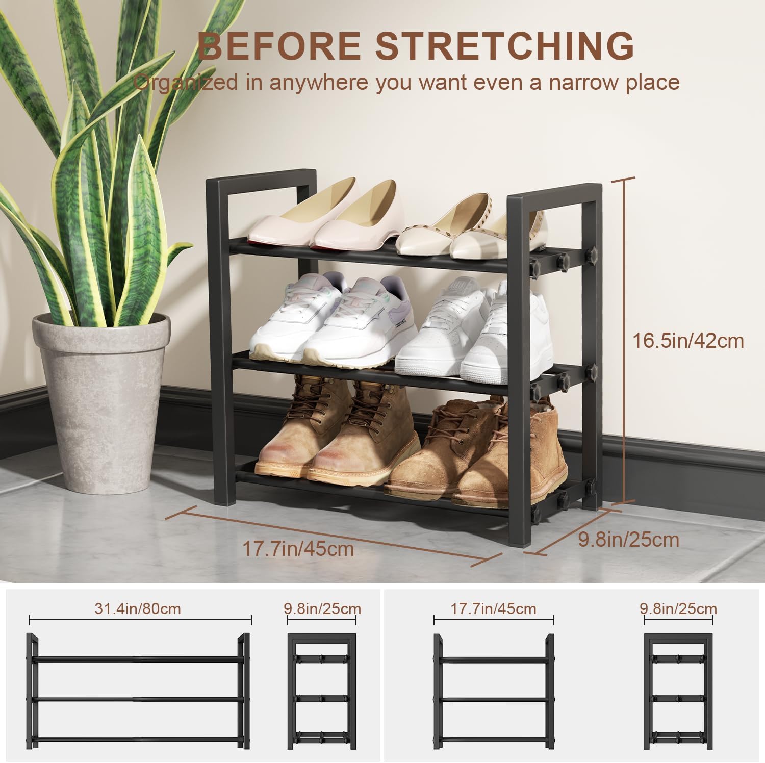 3-Tier Expandable Shoe Rack, Adjustable Shoe Shelf Storage Organizer Heavy Duty Metal Free Standing Shoe Rack for Entryway Closet Doorway (Black)