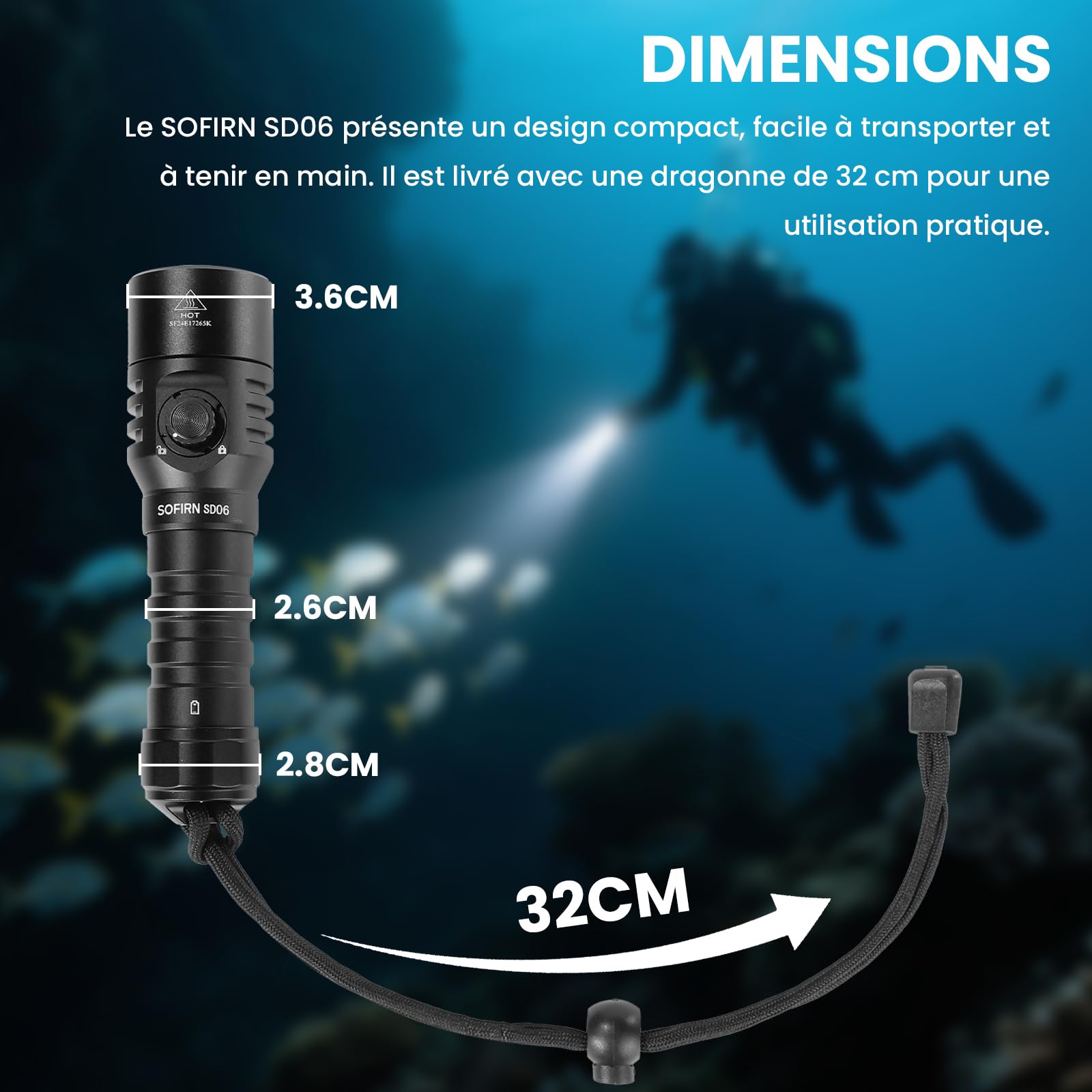 CSTEBOKE Sofirn SD06, lampe de plongée 3200 lm, portée 472 m, IPX8, perles lampe STF70, 6500 K, lampe de plongée professionnelle avec mode verrouillage et interrupteur magnétique