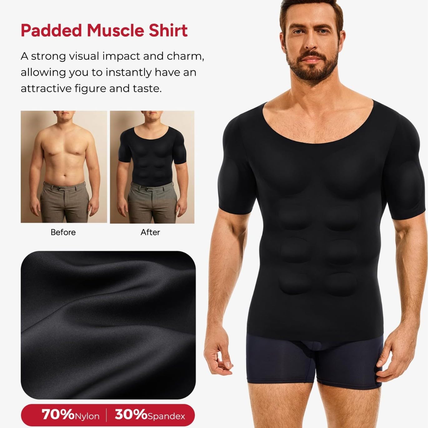 MEIION lunovia Gepolstertes Muskelhemd für Männer - Shaper Muscle Chest | Gepolstertes Muskelhemd für Männer Shaper Muscle Chest T-Shirt - Kurzarm T-Shirt für Halloween Bodybuilding