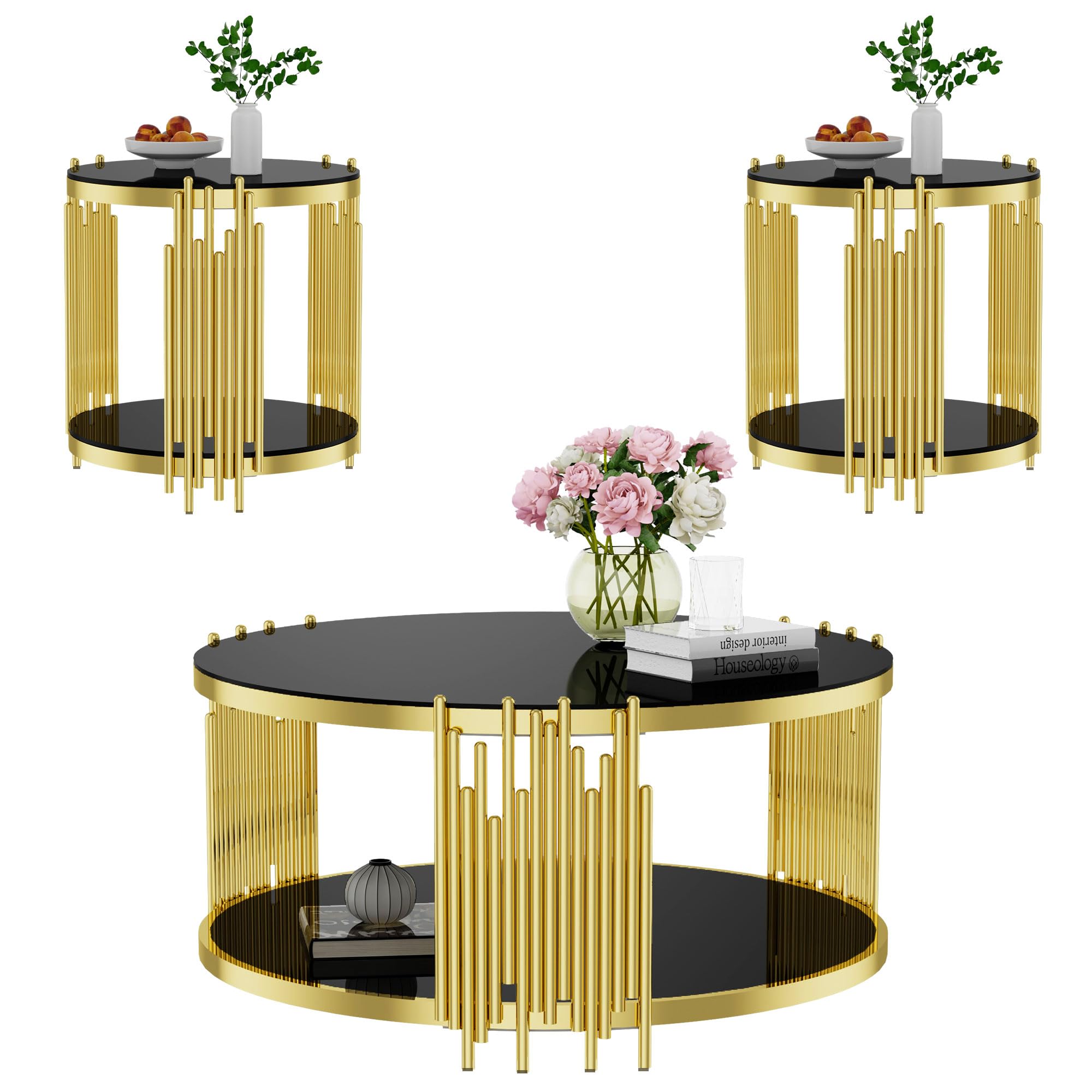 Sybrioka Luxury Gold Round Glass Coffee Table Set of 3, 35.4" Modern Center Tables with Double 20" End Tables, Stainless Steel Irregular Leg Black Top