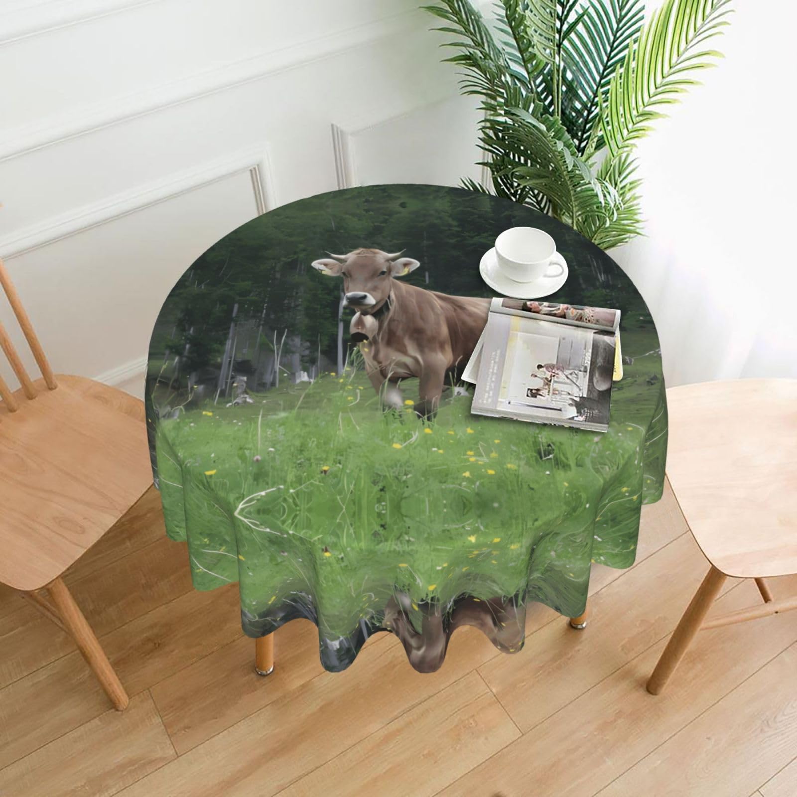 WHJSSF Real Swiss Cow Brown Prints Round Decorative Tablecloth 60in - Elevate Your Dining Experience with a Stylish & Protective Table Throw