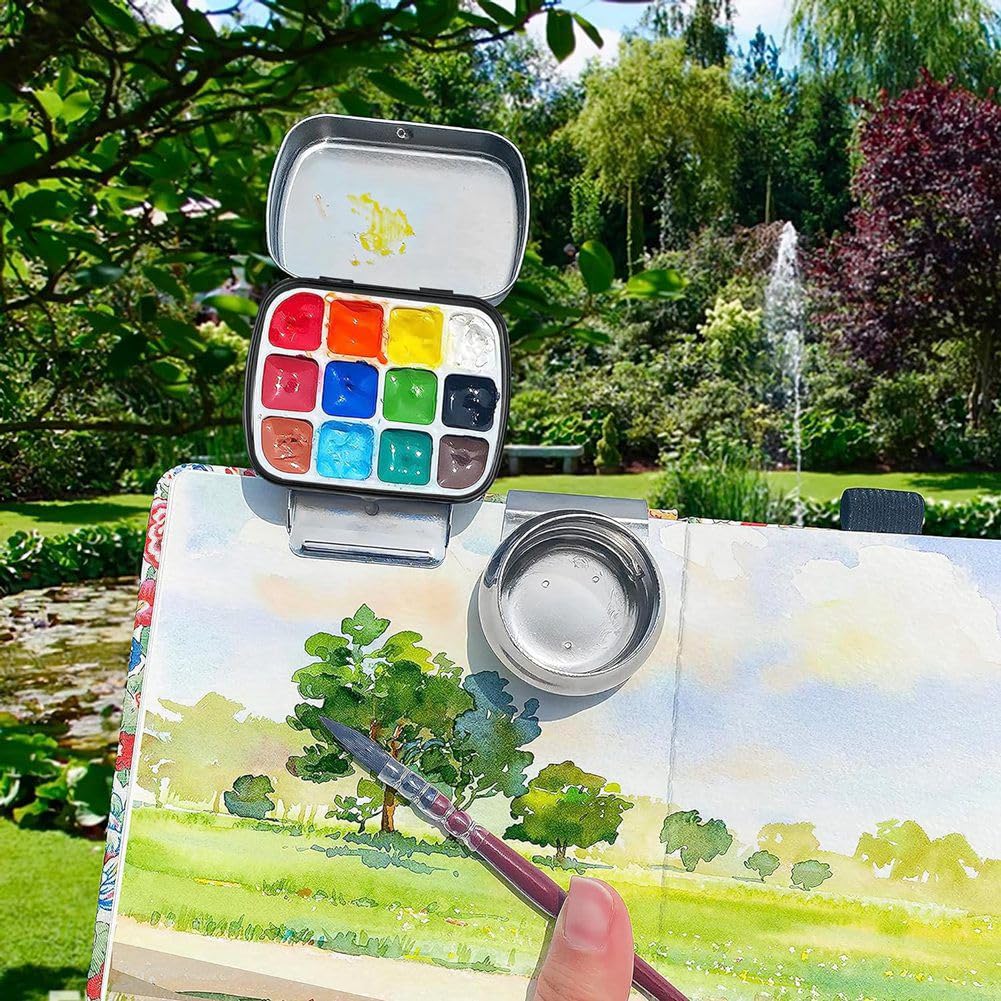 Tragbare Mini-Aquarellpalette Aus Blech – 12 Mulden, Mit Magnetclip & Öltopf, Für Unterwegs