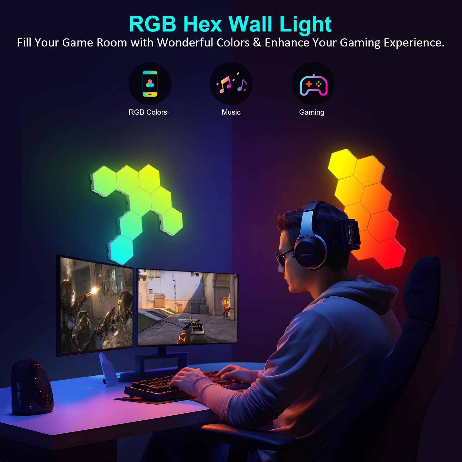 MeRGBW-Home 12 Pannelli LED Hexagon Luminoso, RGB Hexa Luci a Muro per Interni con APP, Cambia Colore a Ritmo di Musica, Lampade da Parete Esagonale per Gaming, Cameretta, Soggiorno, Sala Giochi