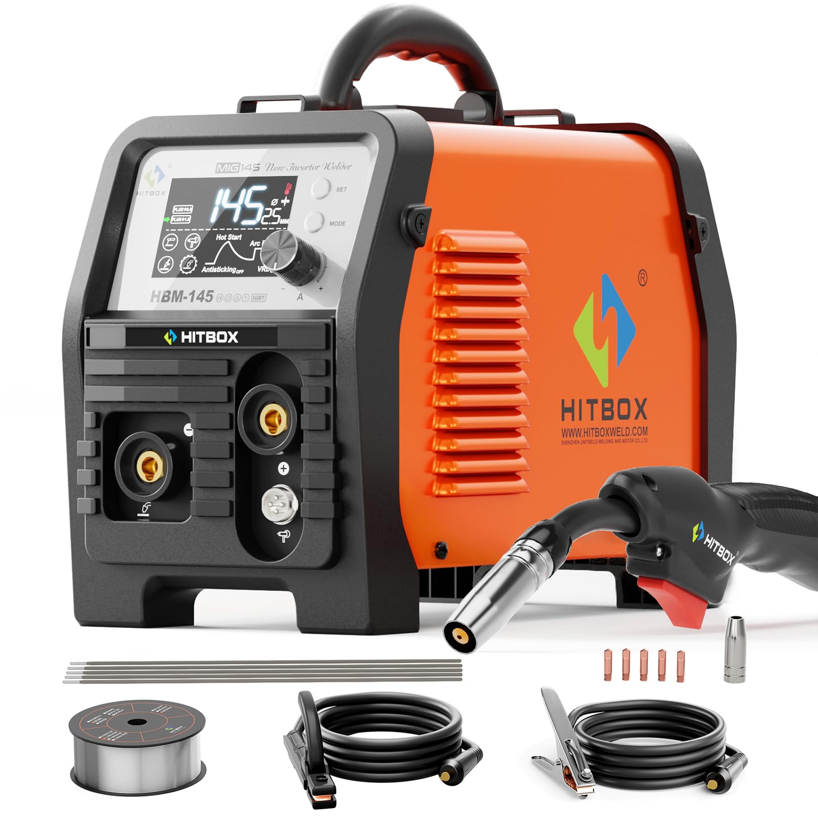 HITBOX 145A 4-in-1 Portable MIG Welder – 240V Gasless Digital