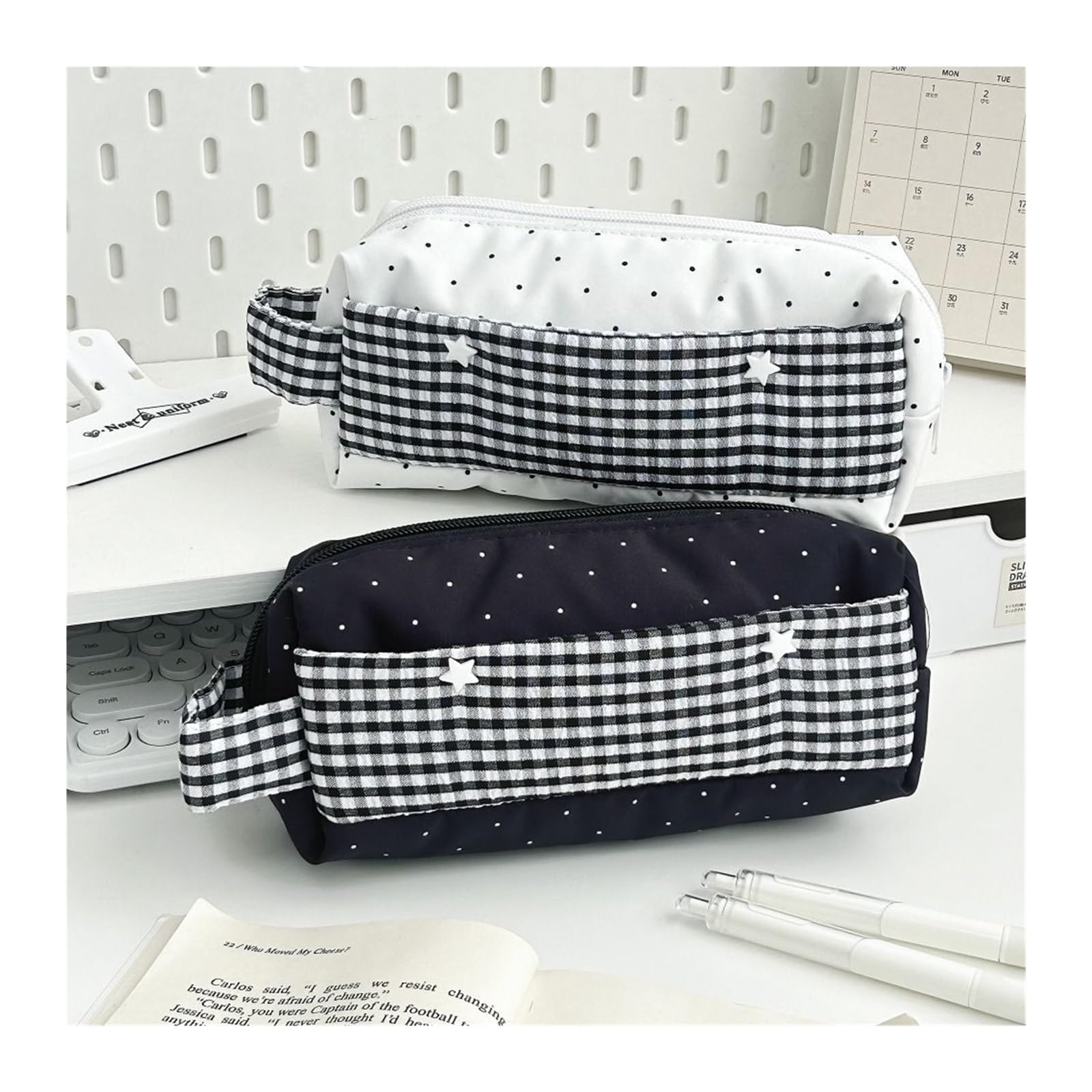 Borsa portapenne for il rientro a scuola | A righe/pois, portatile, grande capacità, multifunzionale, organizer(B)