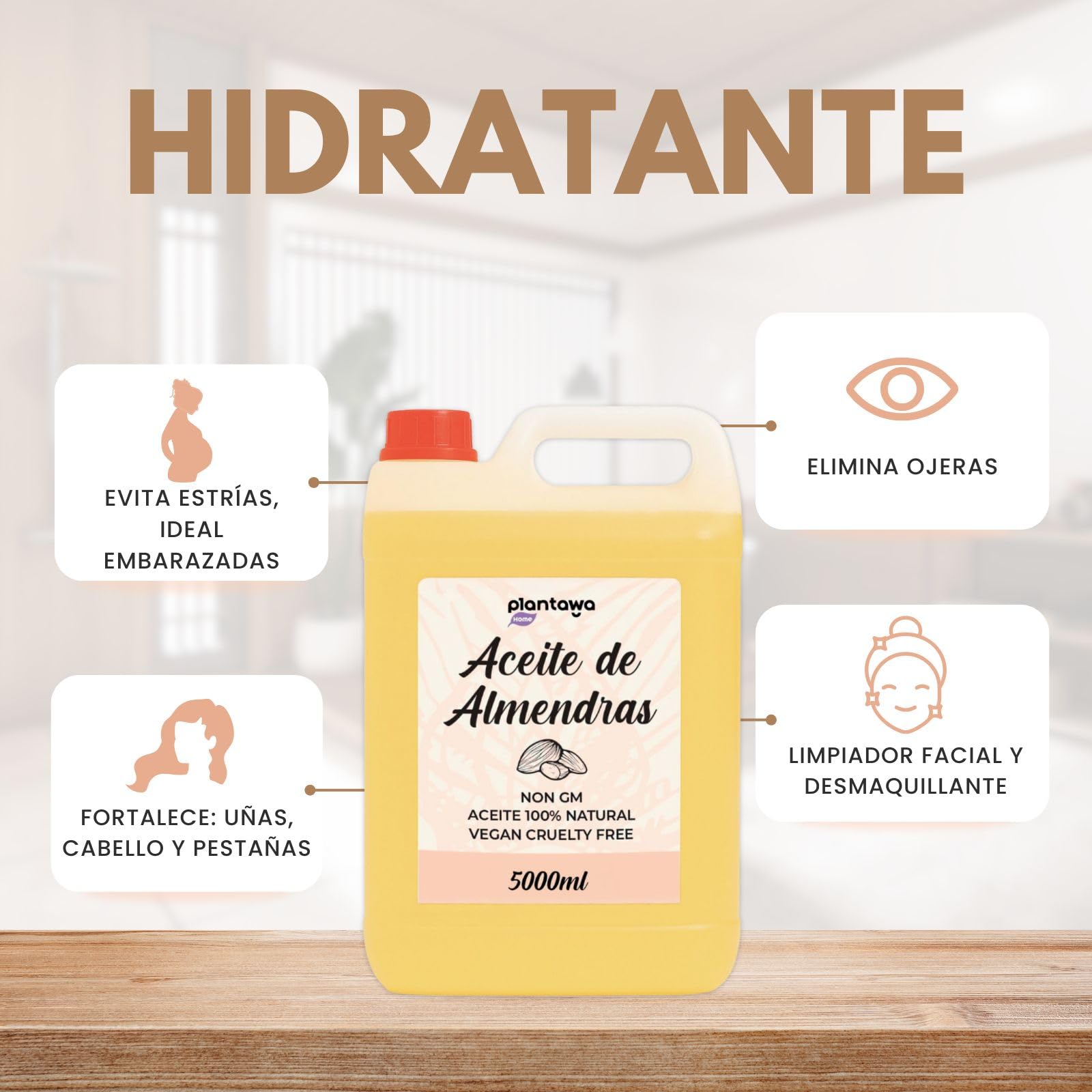 PLANTAWA Aceite de Almendras Dulces 5L | 100% Natural Puro Prensado en Frío | Hidratante Corporal Piel Sensible y Bebé | Masajes, Embarazo y Estrías | Cabello, Cutículas y Desmaquillante