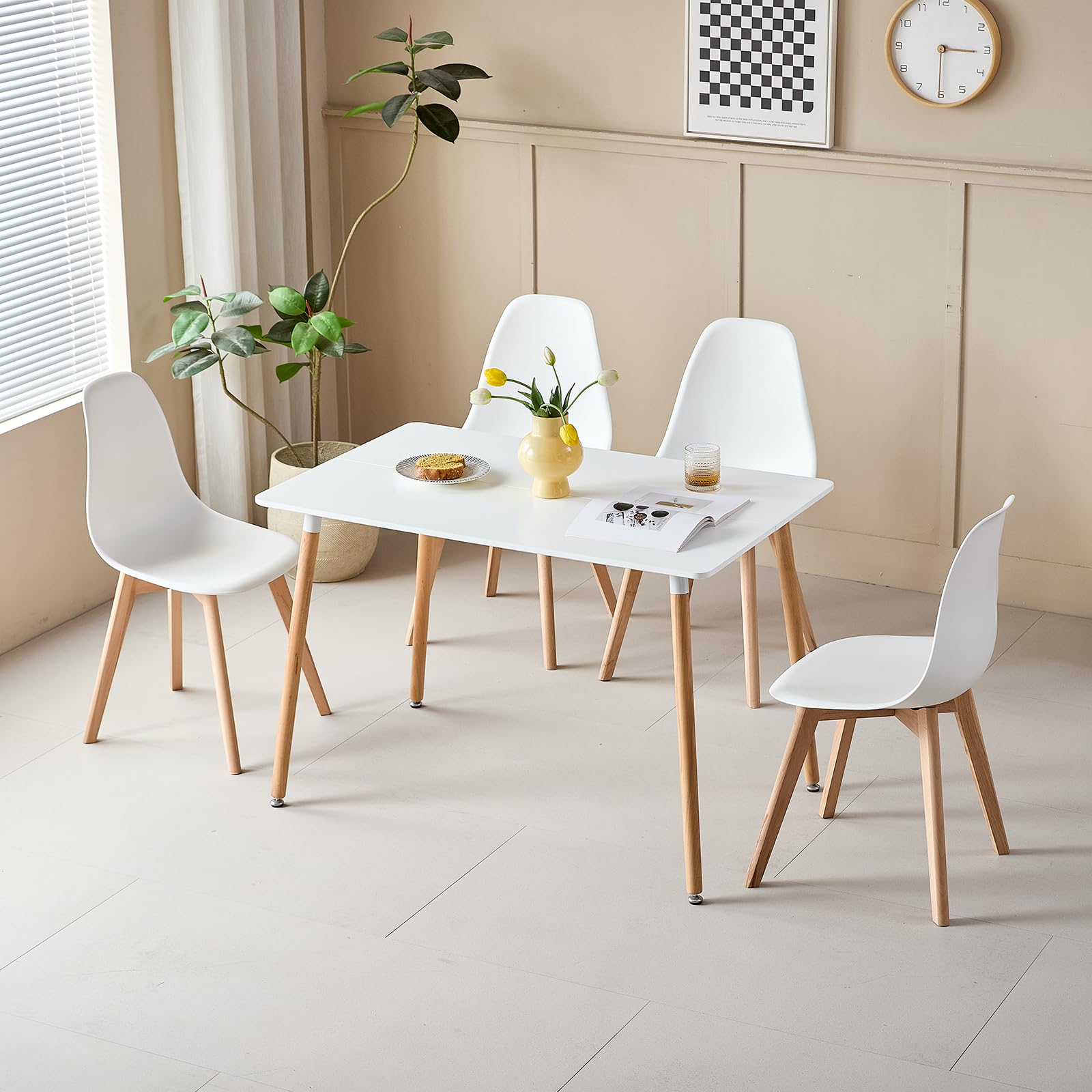 GrandCA HOME Sedia da pranzo in Stile Nordico,Set di 4 sedie con Gambe in Legno massello, Adatto per sala da pranzo soggiorno (Bianco)