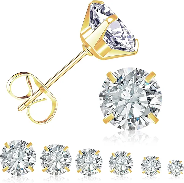 6 Pairs Stud Earrings for Women, 14K Gold Plated Hypoallergenic 316L Surgical Stainless Steel Earrings Studs Sets Cubic Zirconia Cartilage Earrings