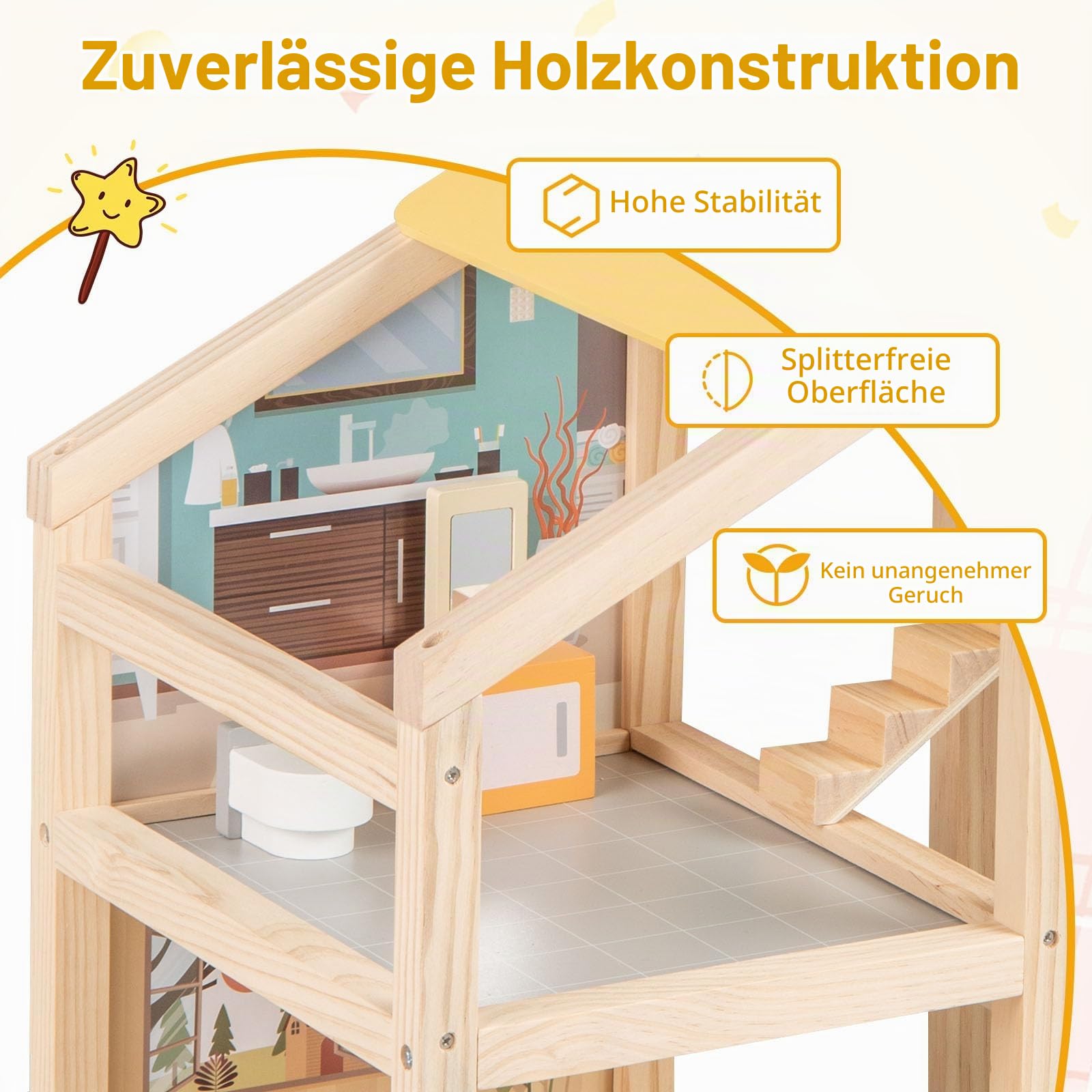 FANTASK Puppenhaus Holz, Bunt Puppenstube mit komplettem Möbeln & Zubehör, 3 Etagen DIY-Dollhouse mit Garage & öffnbarer Tür, für Mädchen & Jungen ab 2 Jahren