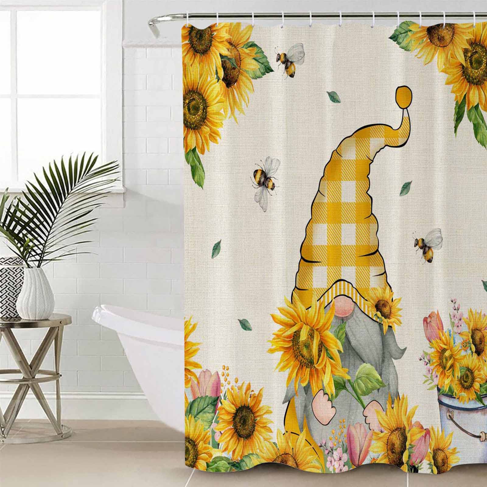 ZOE GARDEN Spring Summer Bee Gnomes Shower Curtain Set with Hook 36" x 72", Sunflower Bumble Bee Yellow Plaid Bathroom Decor Waterproof Polyester Fabric Bathroom Accessories Bath Curtain