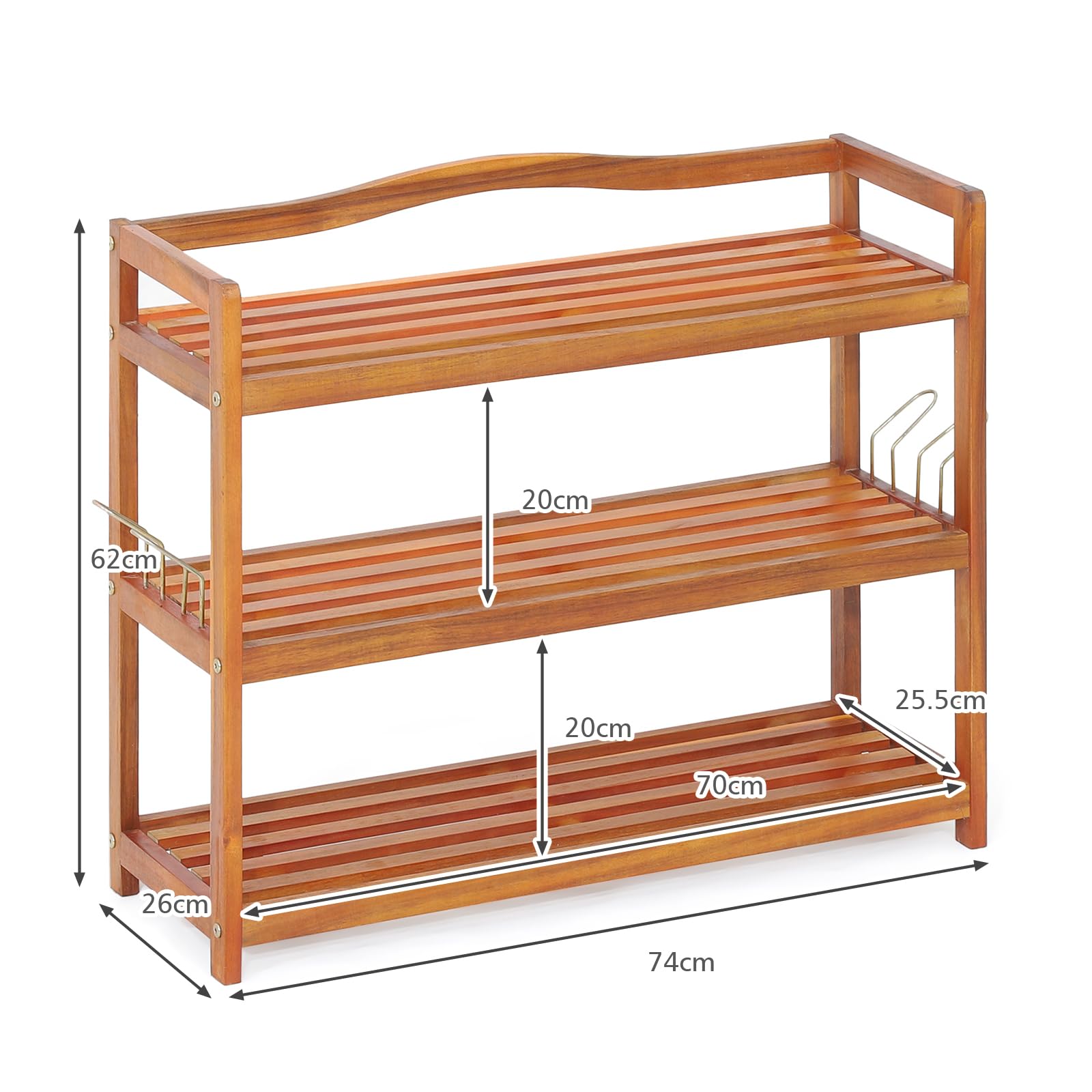 HOMASIS Scaffale Portascarpe in Legno, Scarpiera Salvaspazio con Ganci Metallici Laterali, Organizzatore di Scarpe per Corridoio, Soggiorno o Camera da Letto (74 x 26 x 62 cm)