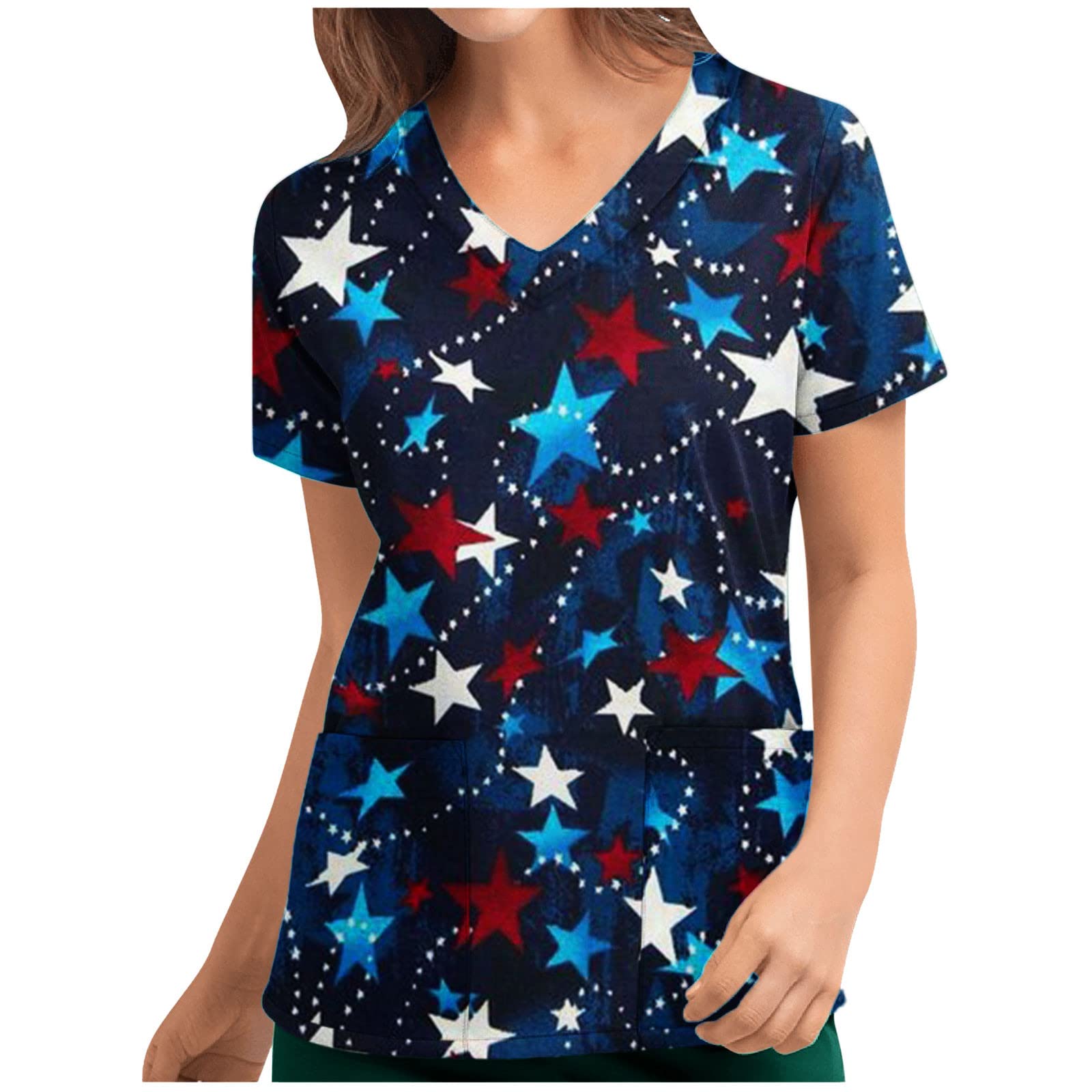 Independence Day Scrub_Top for Women Summer Print V Neck Short Sleeve Casual Working Uniform with Pockets