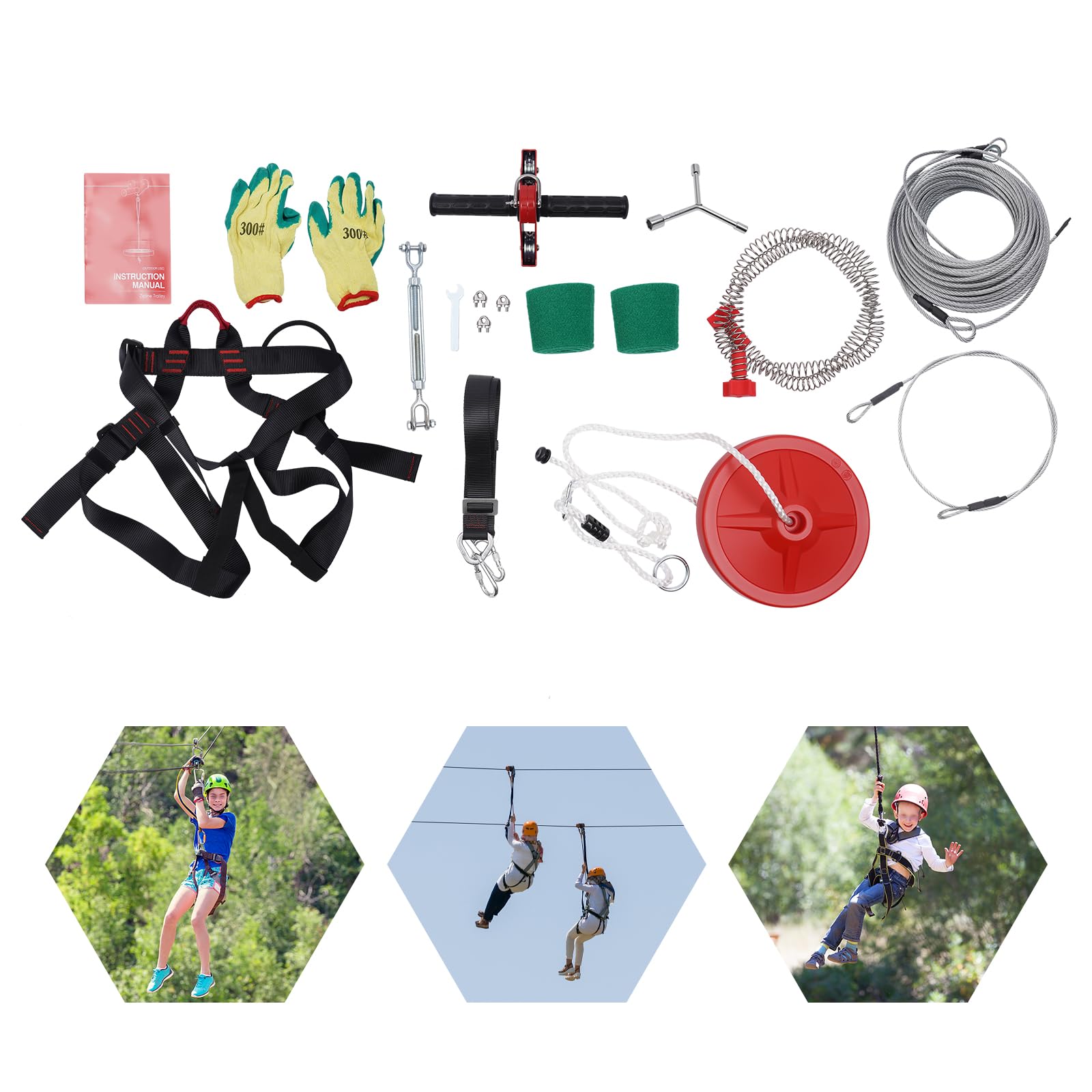 Ganyung Black, Silver, Red Zip Line Kit For Kids, Zip Wire Kit With Stainless Steel Spring Brake, 160Ft Zipline Kit With Thickened Braided Steel Rope, Up To 330 Lbs, Multifunctional Seat