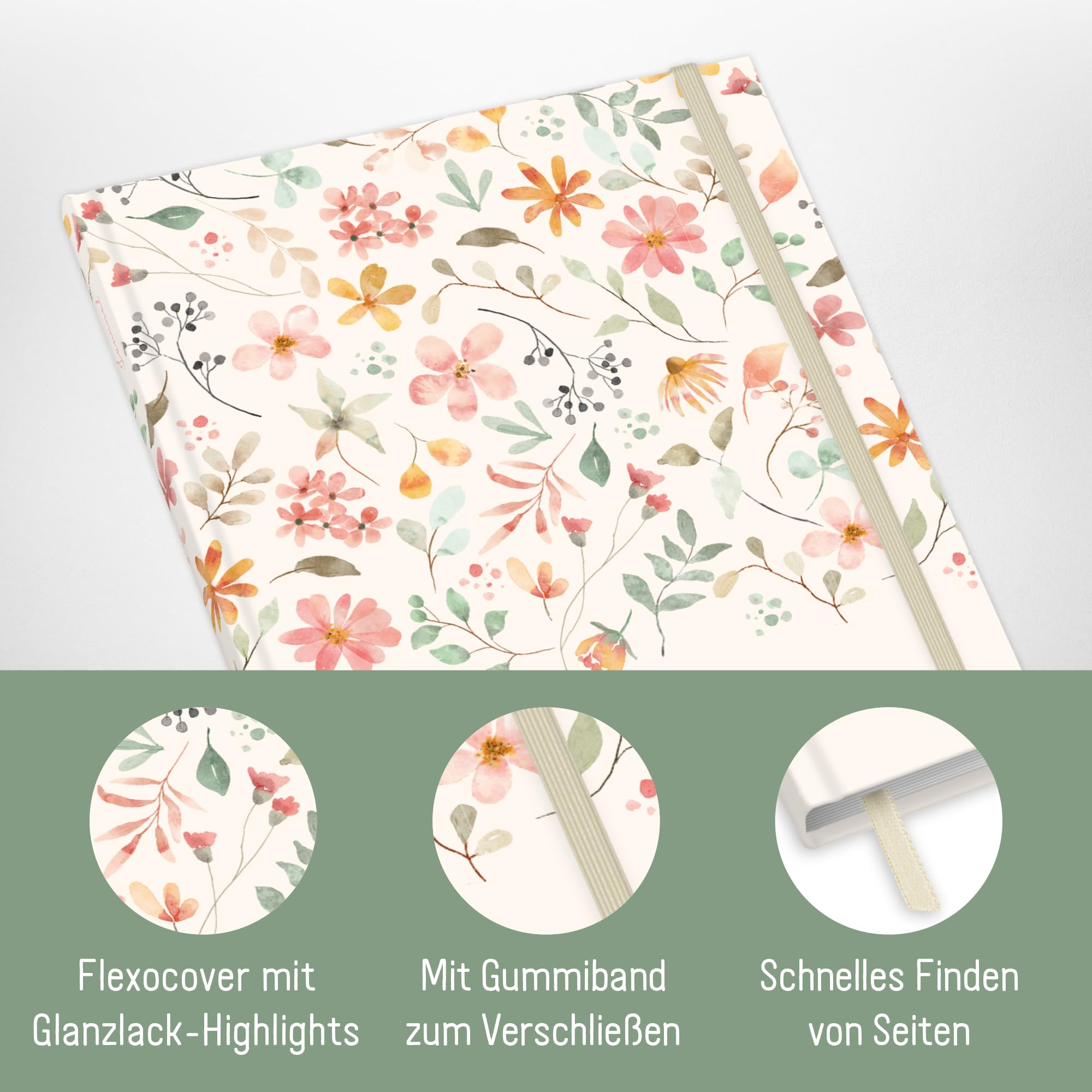 Häfft paper&you® Notatnik Dotted Journal A4+ w kropki "Wild Blossoms" | 156 ponumerowanych stron z siatką kropkową i gumką – do prowadzenia dziennika, sporządzania list i robienia notatek