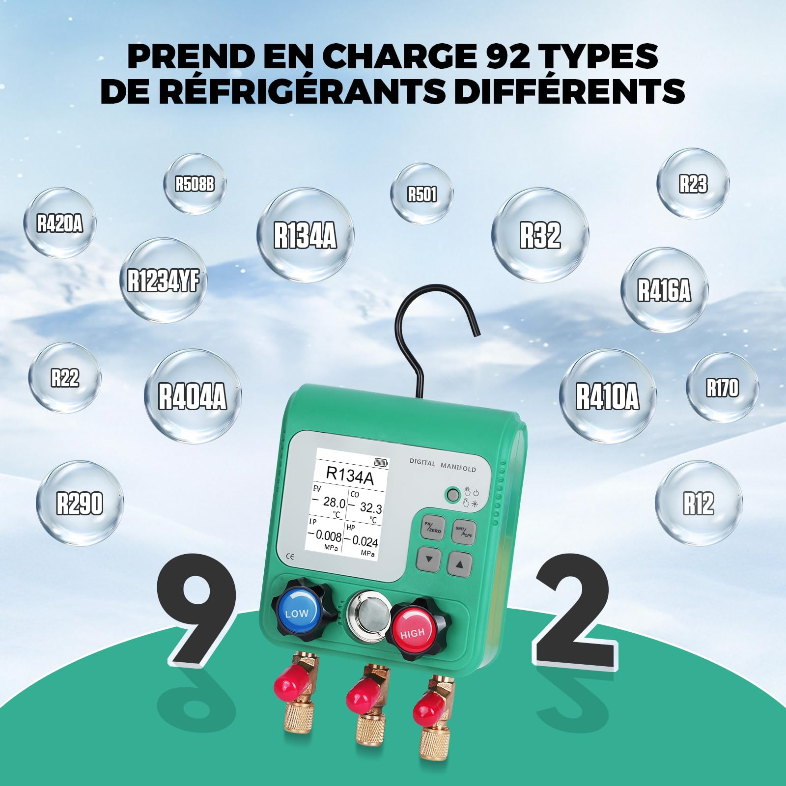 Kit Recharge Climatisation Voiture Digitale HVAC Manifold Gauge Manometer pour Charger 93 Réfrigérants R134A R410A R32