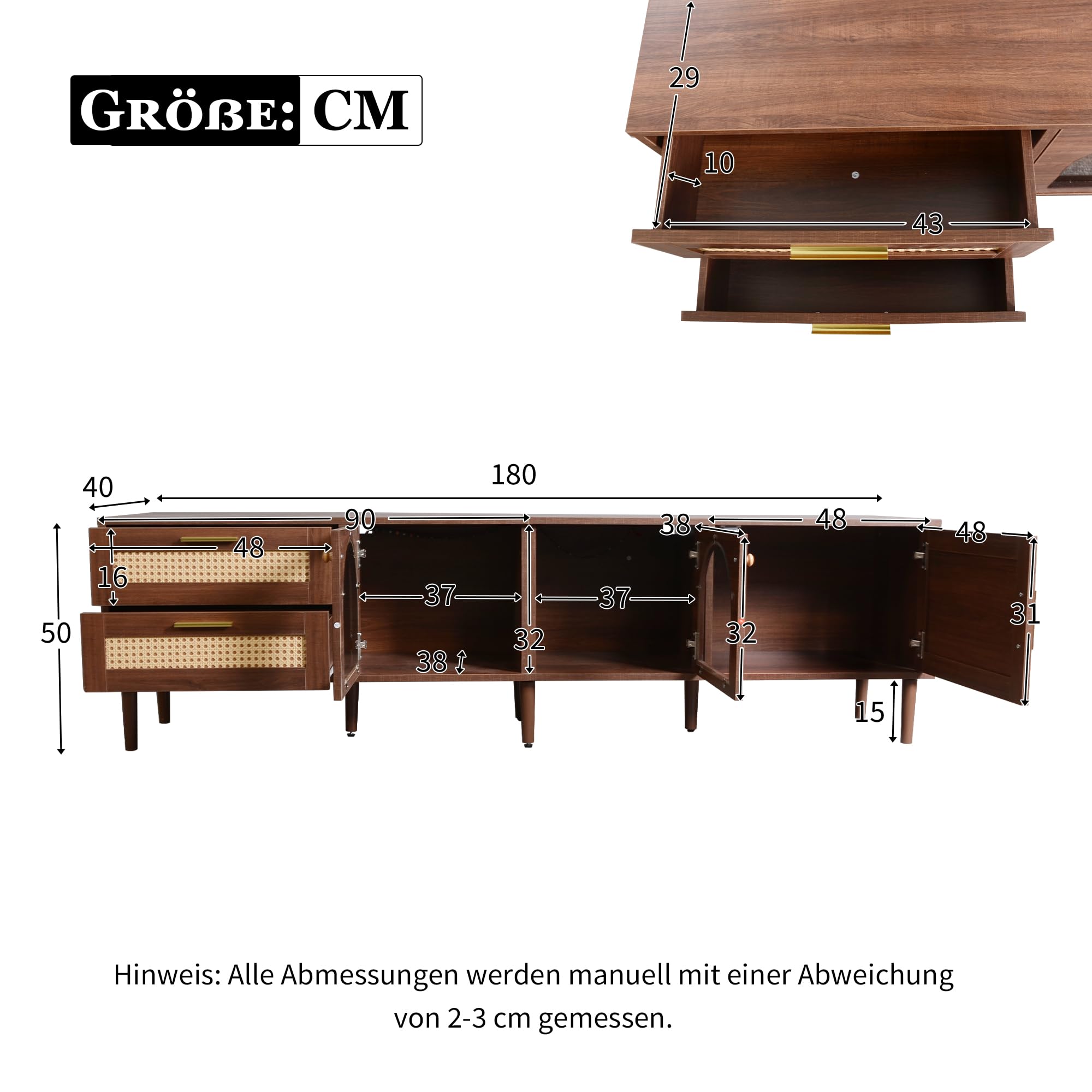 TV-Schrank, Fernsehtisch mit LED, 180 cm TV Lowboard mit Rattan Schubladen und Tür, Modern TV Board, TV-Regal mit Glastüren für Fernseher bis zu 80 Zoll, für Wohnzimmer und Esszimmer