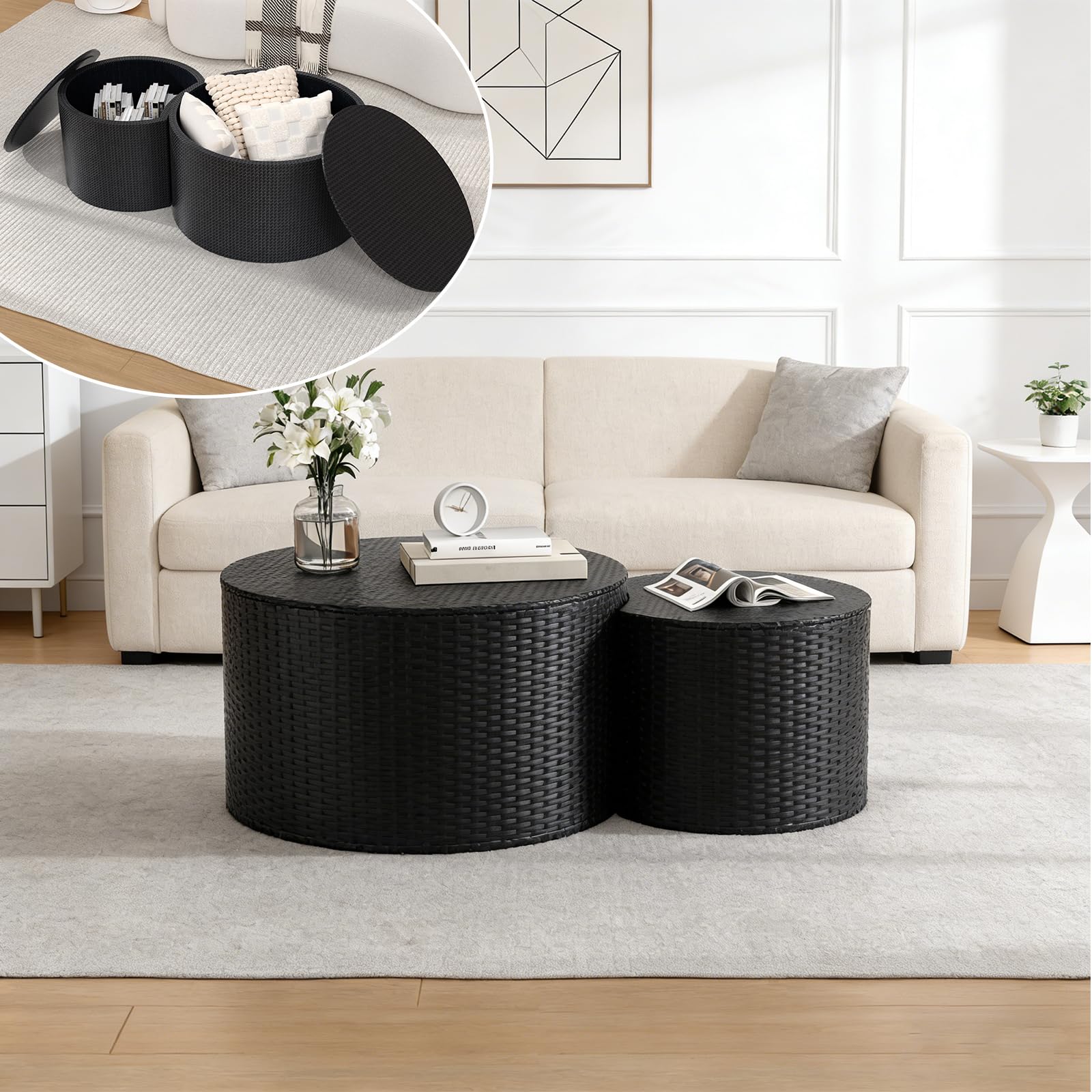 SXZenSpace Small Round Nesting Coffee Table Set of 2, Minimalist Tables with Storage,Wooden Center 2,Nesting Drum Side for Living Room Bedroom,Black