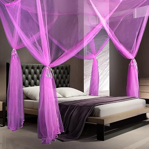 Cortinas de cama con 4 postes de esquina, mosquitera grande, mosquitera para dormitorio, decoración de princesa, con 4 colgantes de borla para cama