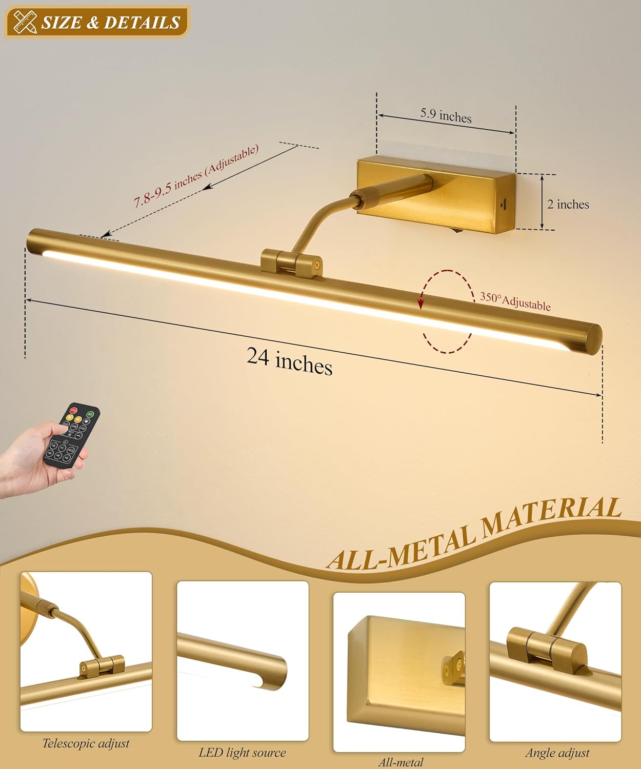 Picture Lights for Wall Battery Operated,24 Inch Wireless Rechargeable Art Lights for Pictures,3CCT Dimmable Retractable Painting Light with Remote & Timer,Glare-Free for Gallery Light,Gold