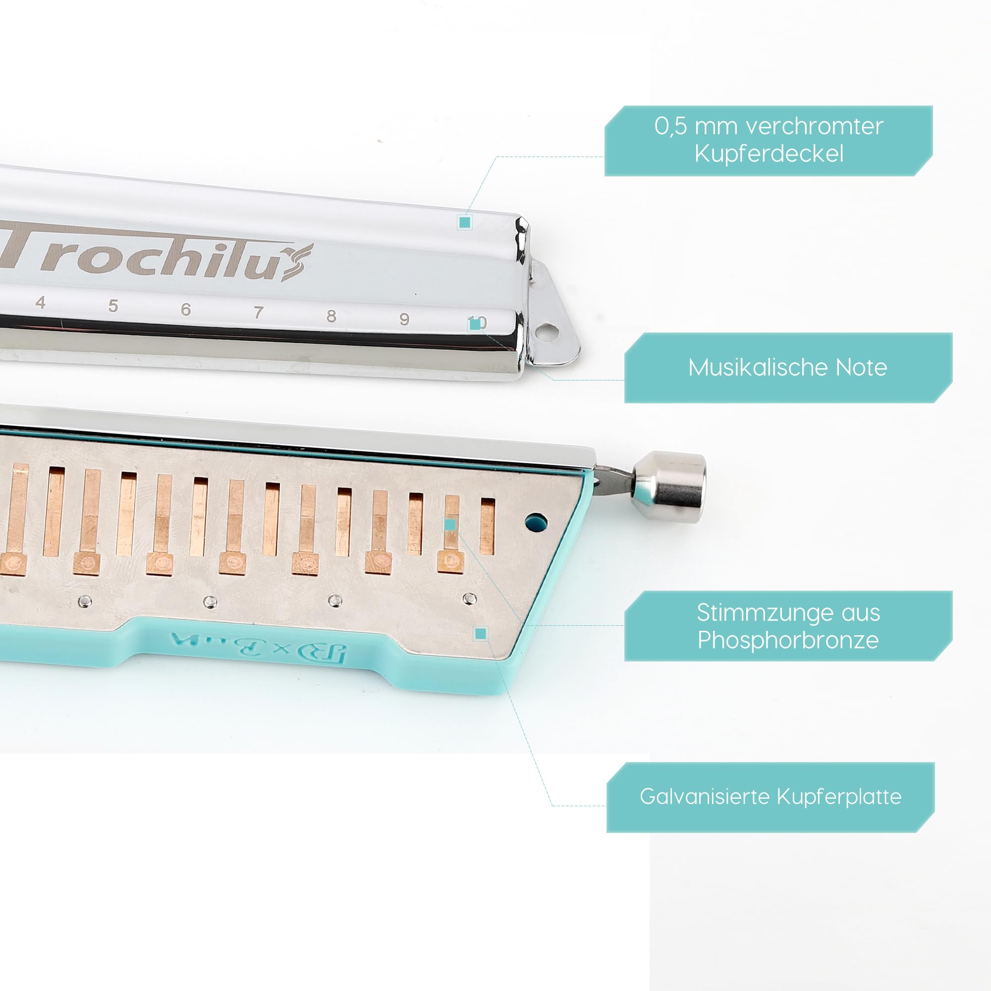 JDR Trochilus 10 Löcher Chromatische Mundharmonika Tonart D Armonica Valveless Harp Mundharmonika mit Etui für Erwachsene Profis Anfänger Kinder Game Changer (Blues/Ritcher Tuning Tonart D)