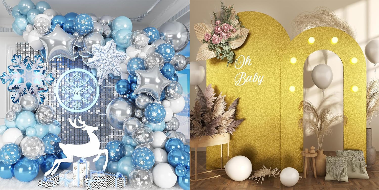 Gold Arch Backdrop Stand, Snowflake Balloon Garland, 6.6FT+5.5FT Wedding Backdrop Arch Stand Frame with Lights, 2 Set Round Top Balloon Party Arch Background for Birthday Baby Shower Graduation Decor