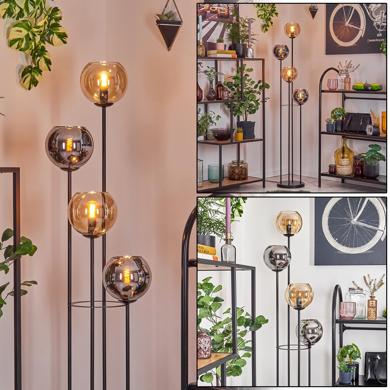 Hofstein Black/Amber Koyoto Floor Lamp, Metal/Glass Floor Lamp In /Chrome/Smoke, Retro/Vintage Design (Ø 15 Cm), Foot Switch, 147 Cm, E14, Living Room, Bedroom, Hallway, Office