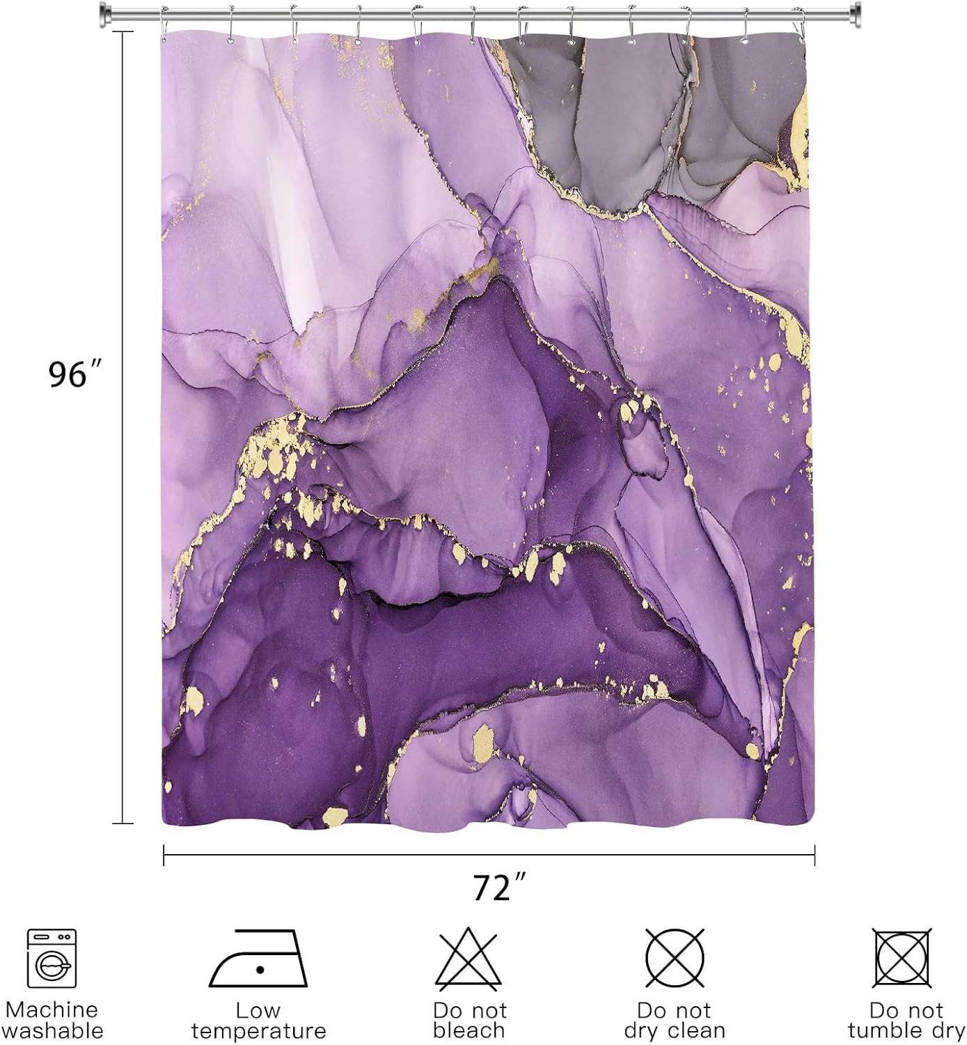 Extra Long Shower Curtain 72 x 96 Inch, Purple Floor to Ceiling X-Long Abstract Marble Shower Curtains for Bathroom, Modern Luxury Art Ink Fabric Shower Curtain Set with Hooks