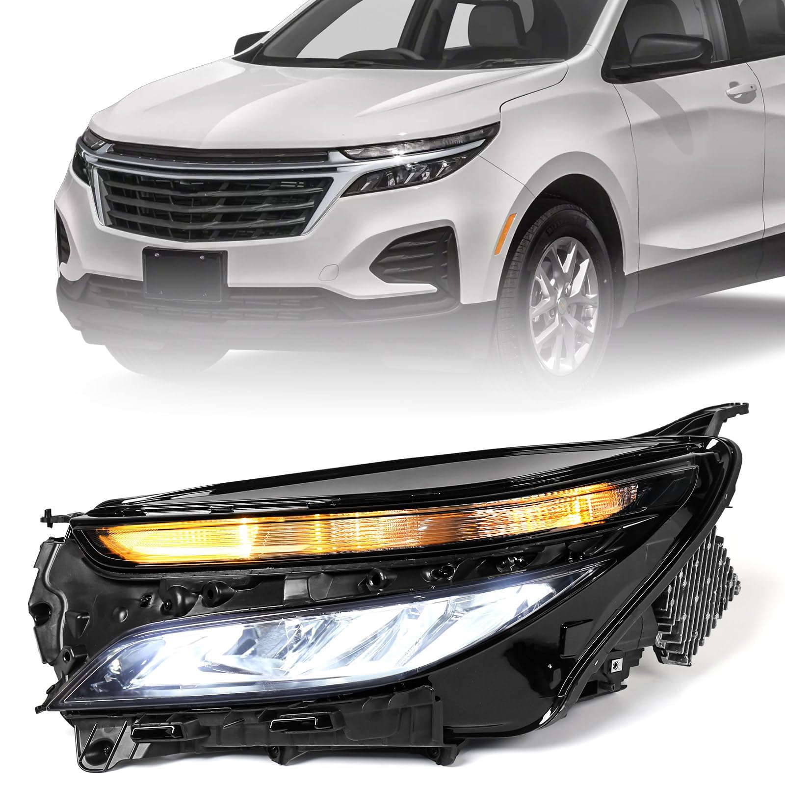 FIONE Headlight Assembly Compatible with Chevy Equinox 2022 2023 2024 LS W/Halogen Signal LED-Beam Black Housing Replacement Headlamp Left LH Side