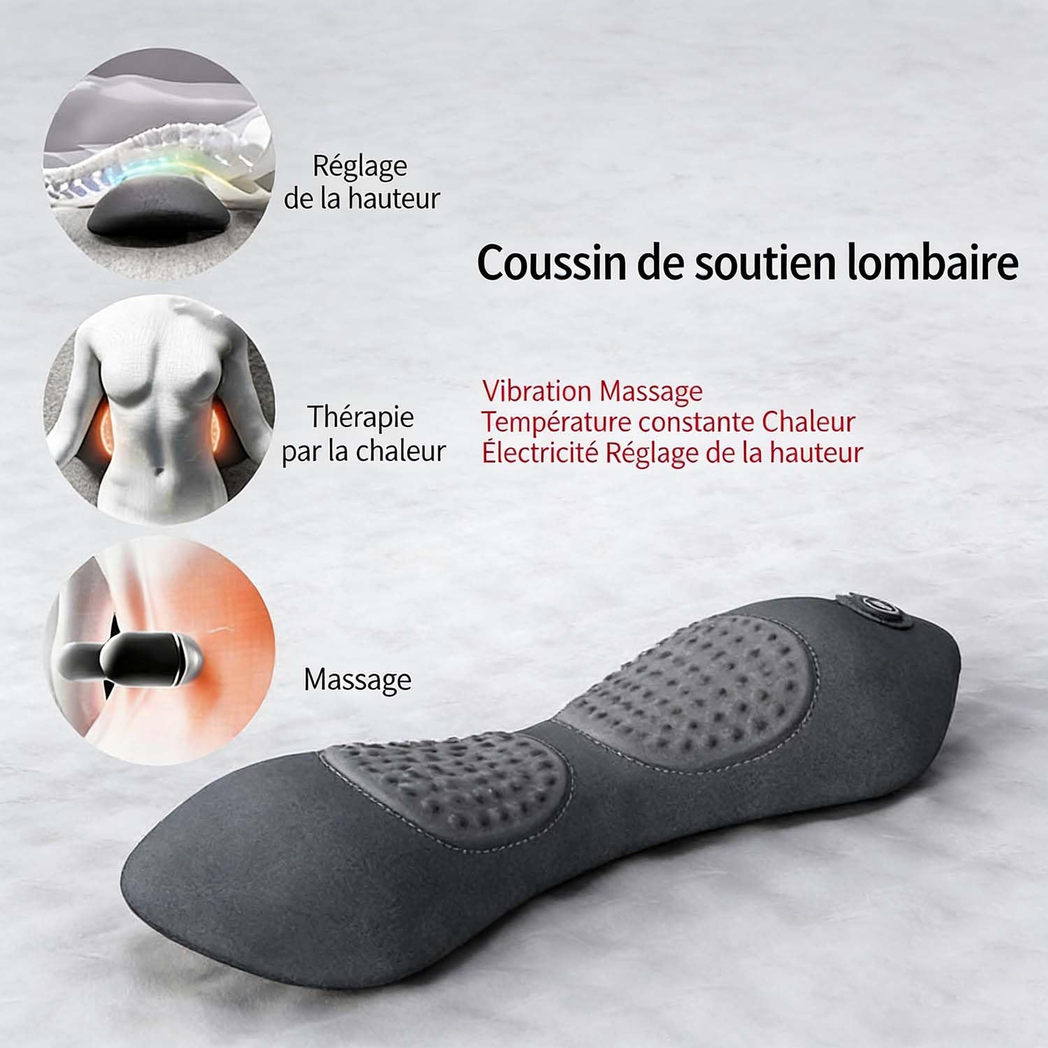LombaTech Masseur Lombaire 3 en 1 – 2026 Nouveau Masseur Sciatique et Thérapie du Dos, Traction et Vibration avec Chauffage, Soutien Lombaire Ergonomique pour Soulager les Douleurs (Noir)