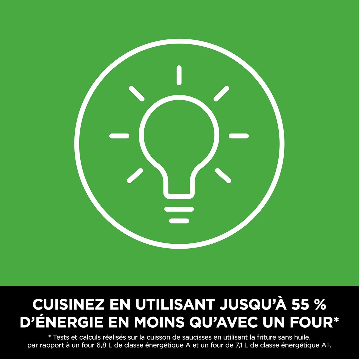 A collage of six images demonstrating the different cooking modes: Air Fry (fish and chips), Max Crisp (onion rings), Roast (pork roast), Bake (blueberry bread), Reheat (pizza), Dehydrate (dried banana slices).