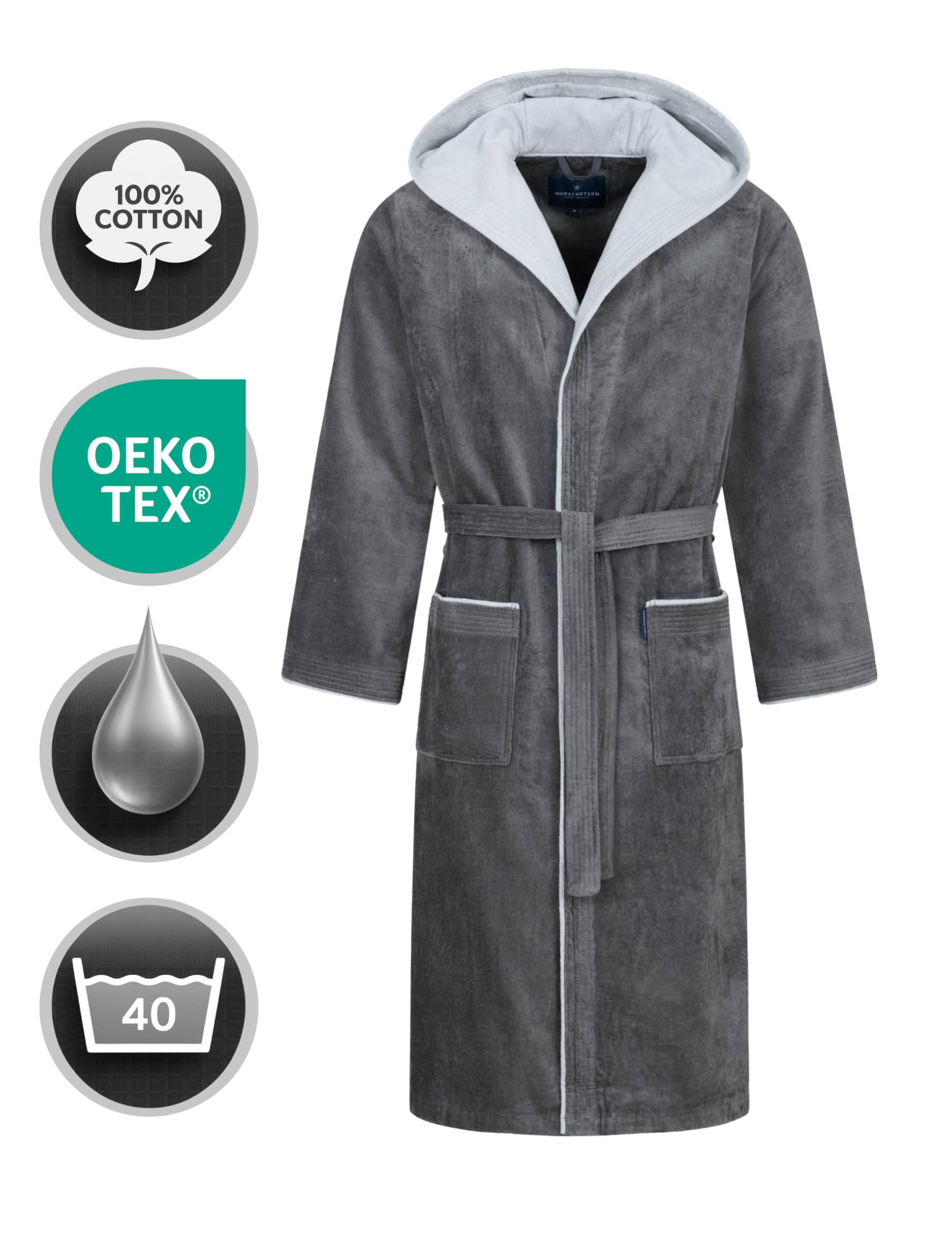 Morgenstern Bademantel Herren Frottee Baumwolle Kapuze Finn | 100% Baumwolle, weicher Frottee, Kapuze, Taschen und Bindegürtel – geprüft auf Schadstoffe, ideal für Sauna und Zuhause