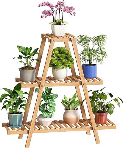 Soporte para plantas de bambú para interiores y exteriores, estante escalonado para plantas de 3 niveles, 8 macetas, estante para plantas para