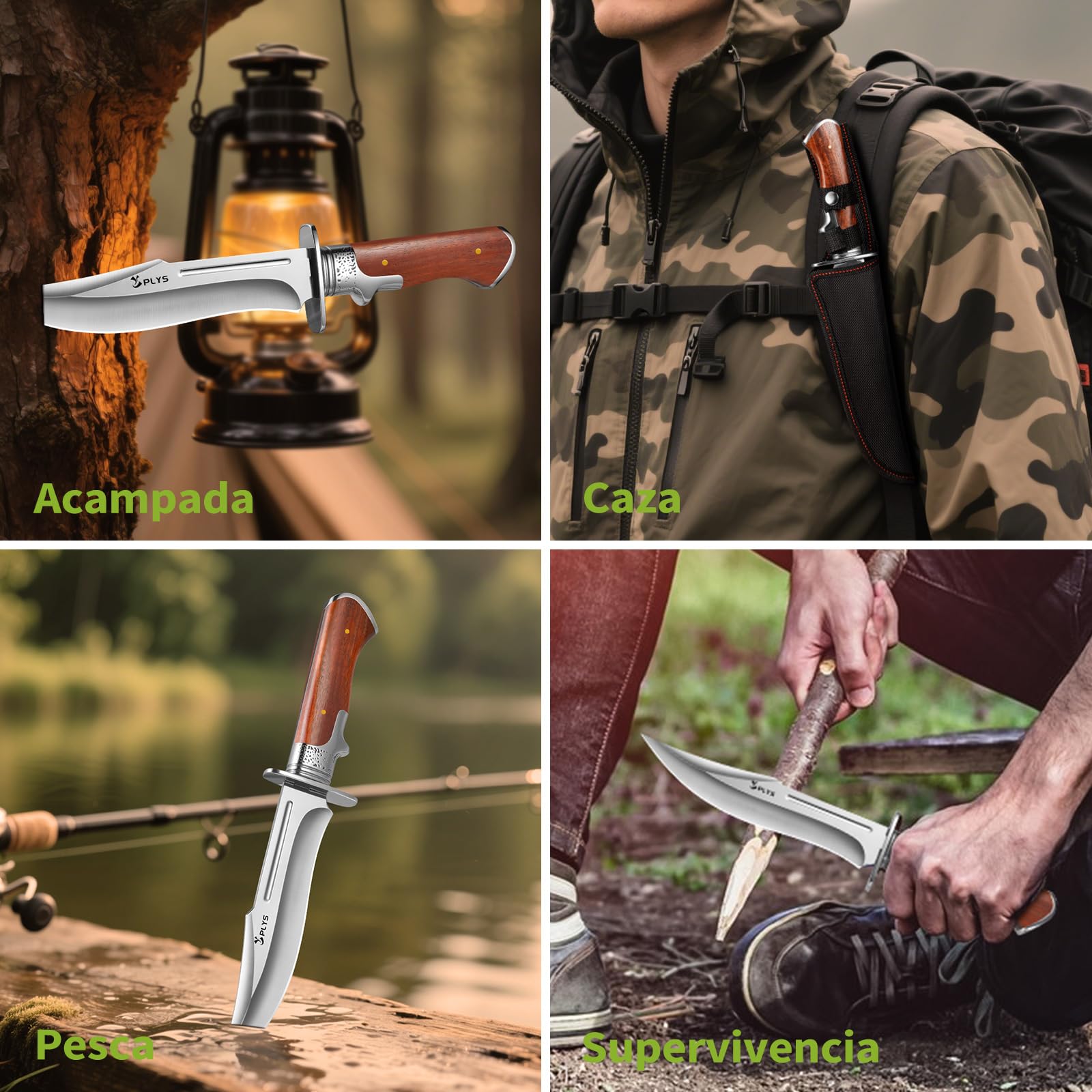 Plys Cuchillo Supervivencia Bushcraft Cuchillos Caza: 17cm Cuchillos de Monte con Funda Mango de Madera